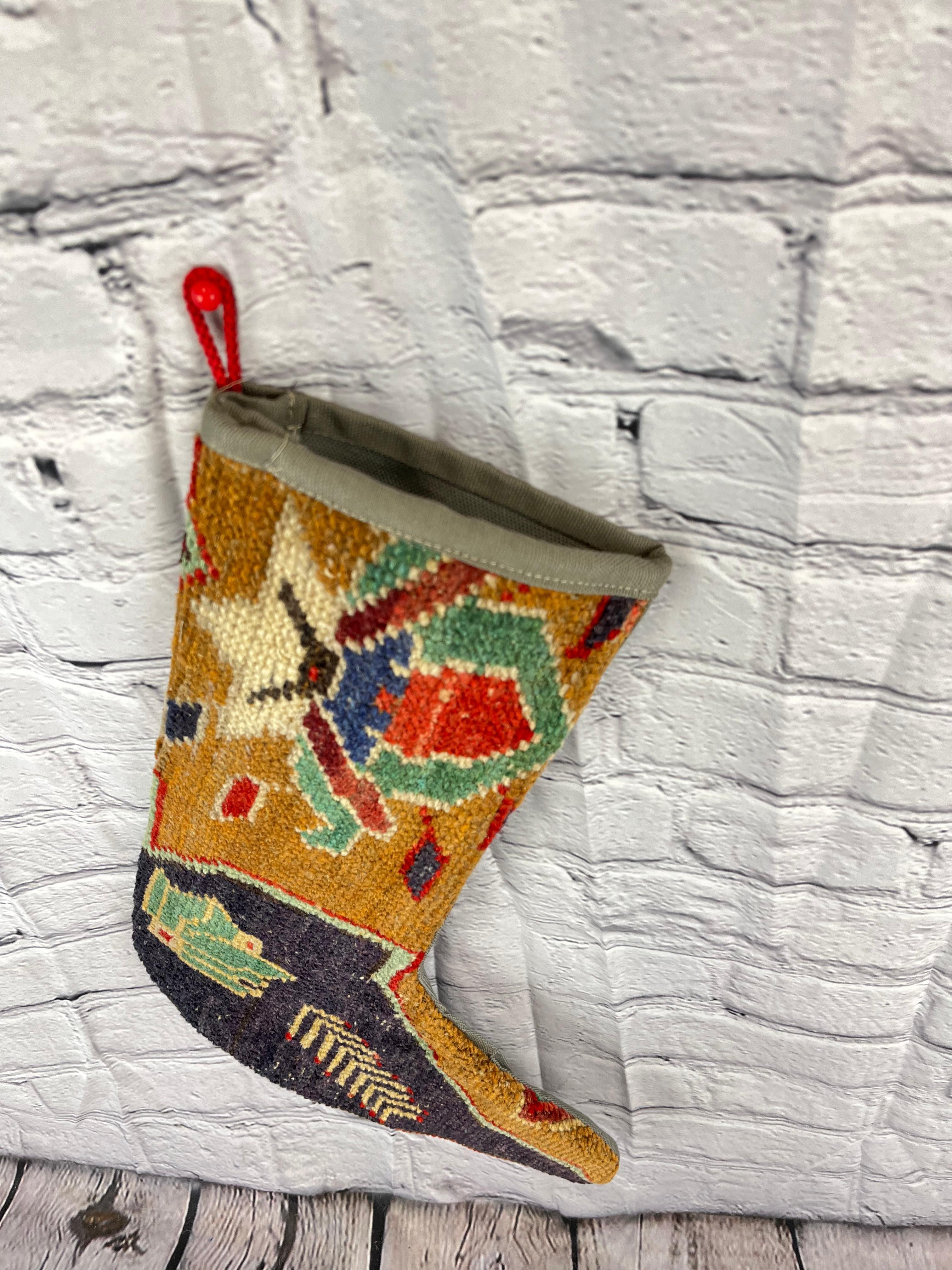 Vintage Handmade Turkish Rug Christmas Stocking In New Condition For Sale In Houston, TX