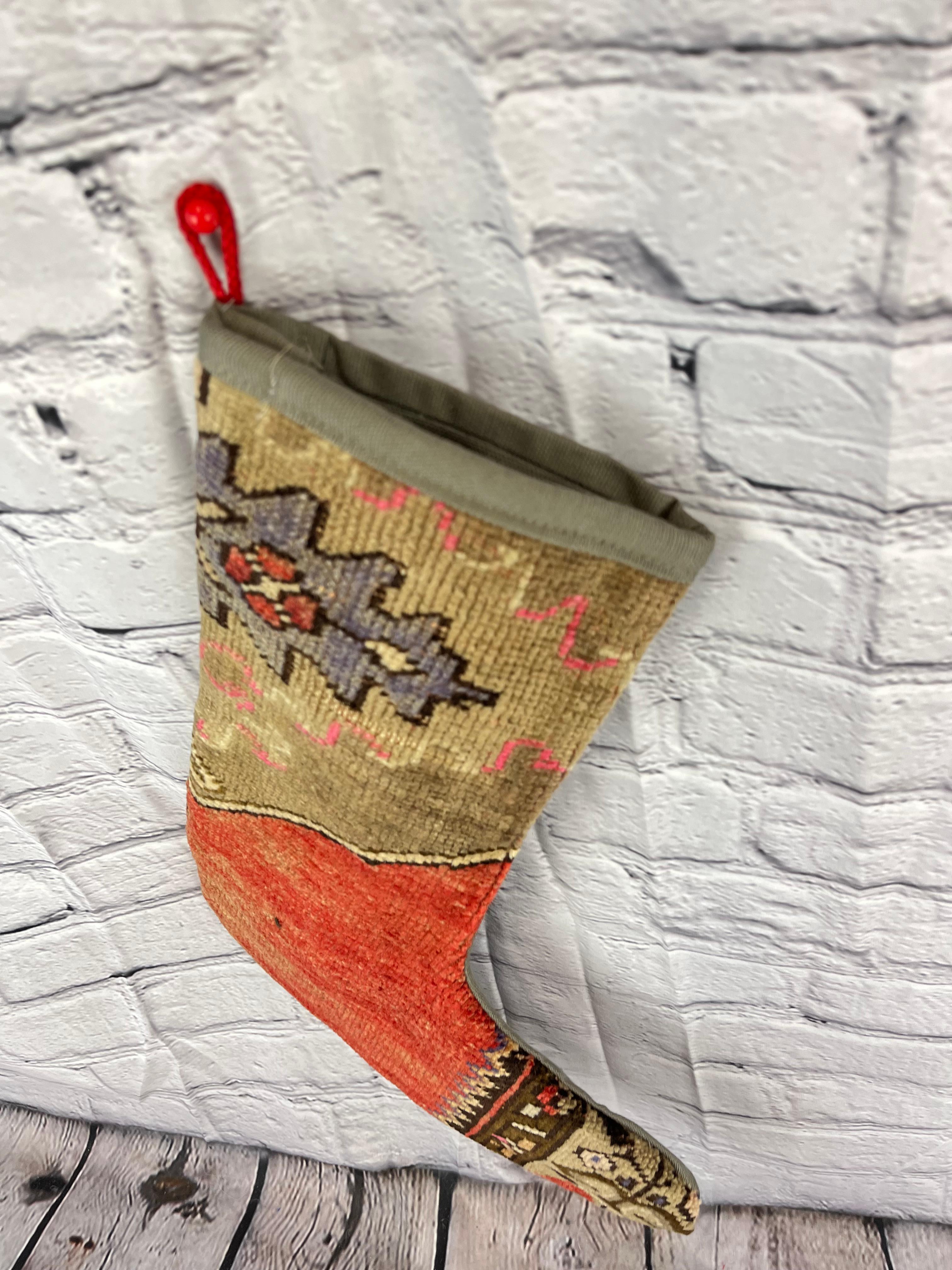 Vintage Handmade Turkish Rug Christmas Stocking In New Condition For Sale In Houston, TX