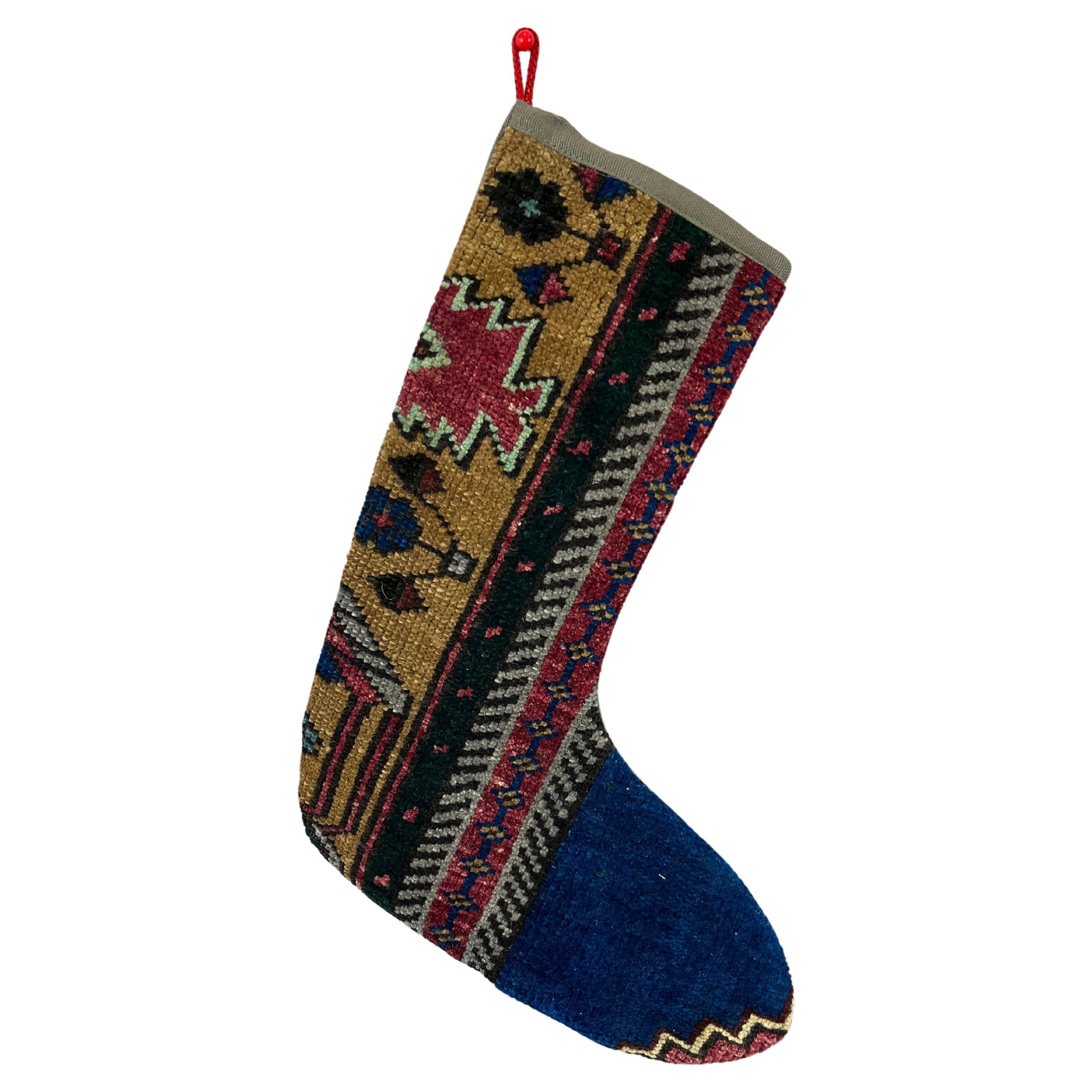 Vintage Handmade Turkish Rug Christmas Stocking For Sale