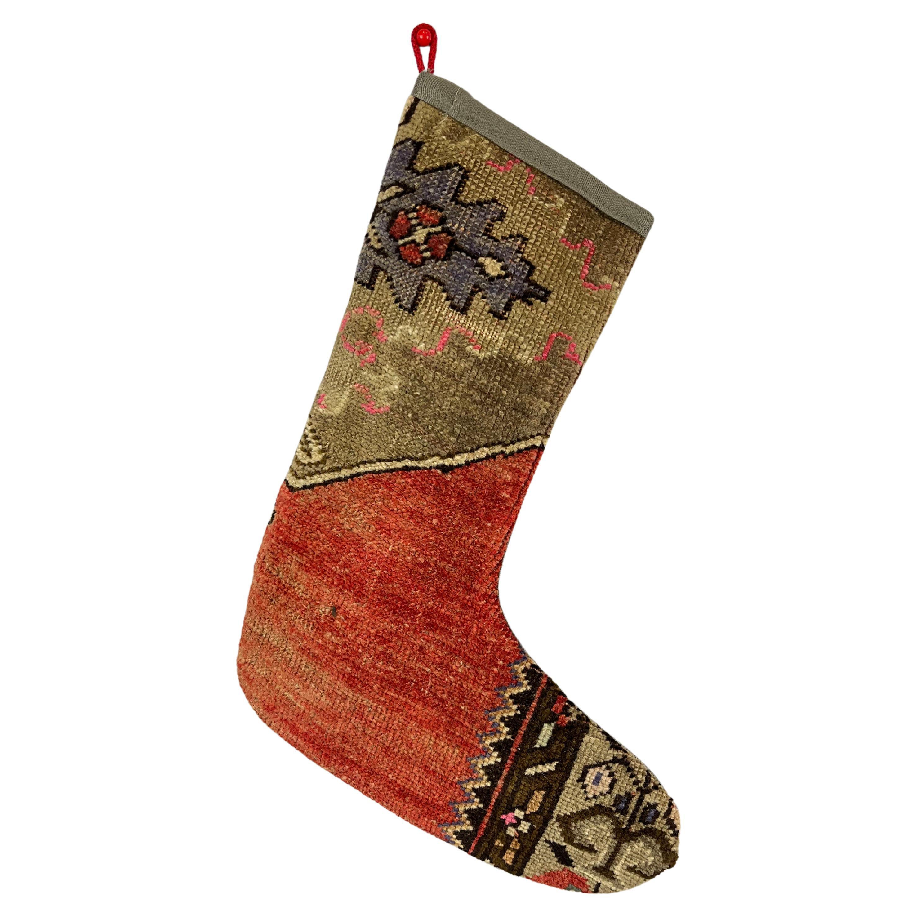 Vintage Handmade Turkish Rug Christmas Stocking For Sale