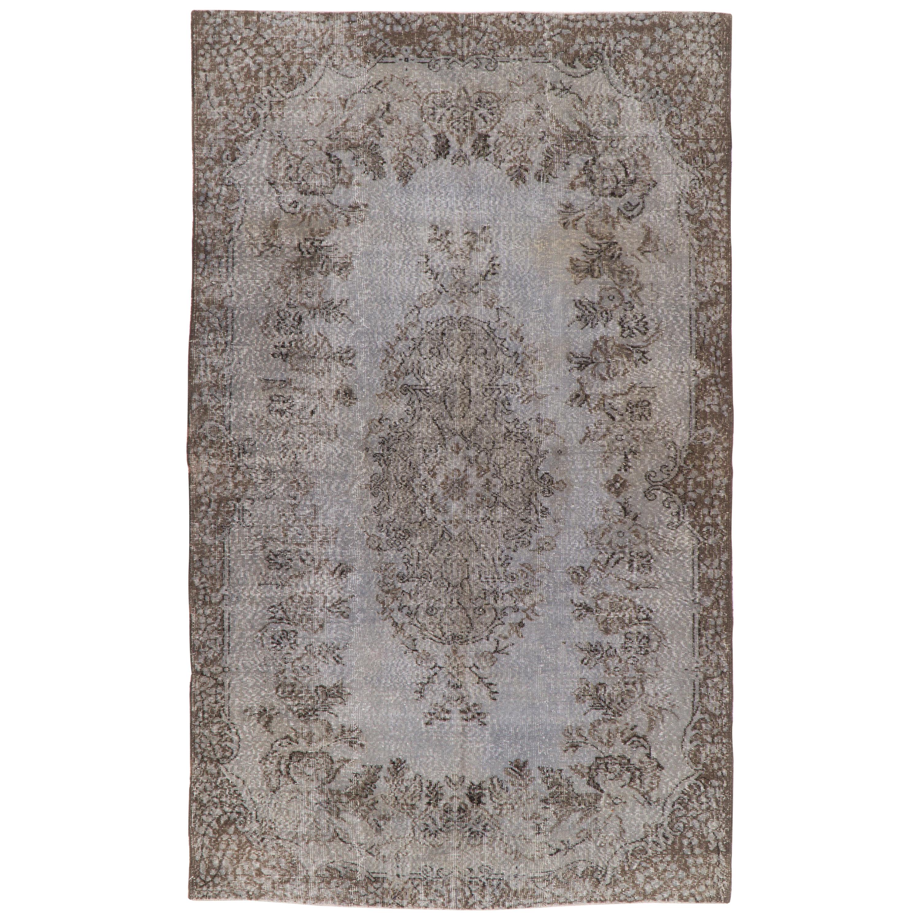 6x10 Ft Vintage handgefertigter anatolischer Teppich in grauer Farbe, neu gefärbt