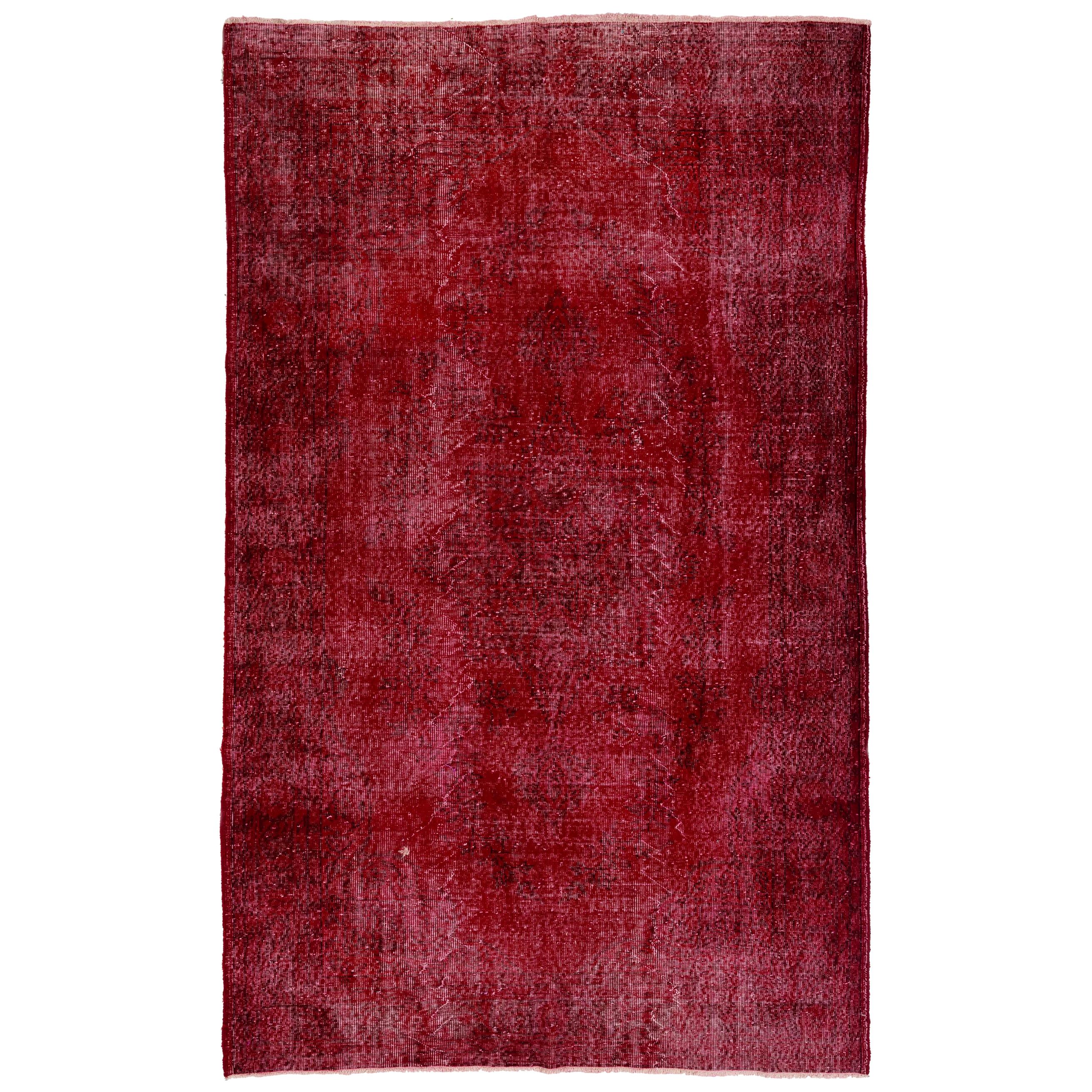 6.2x10 Ft Vintage Handmade Turkish Rug Re-Dyed in Red Color for Modern Interiors For Sale