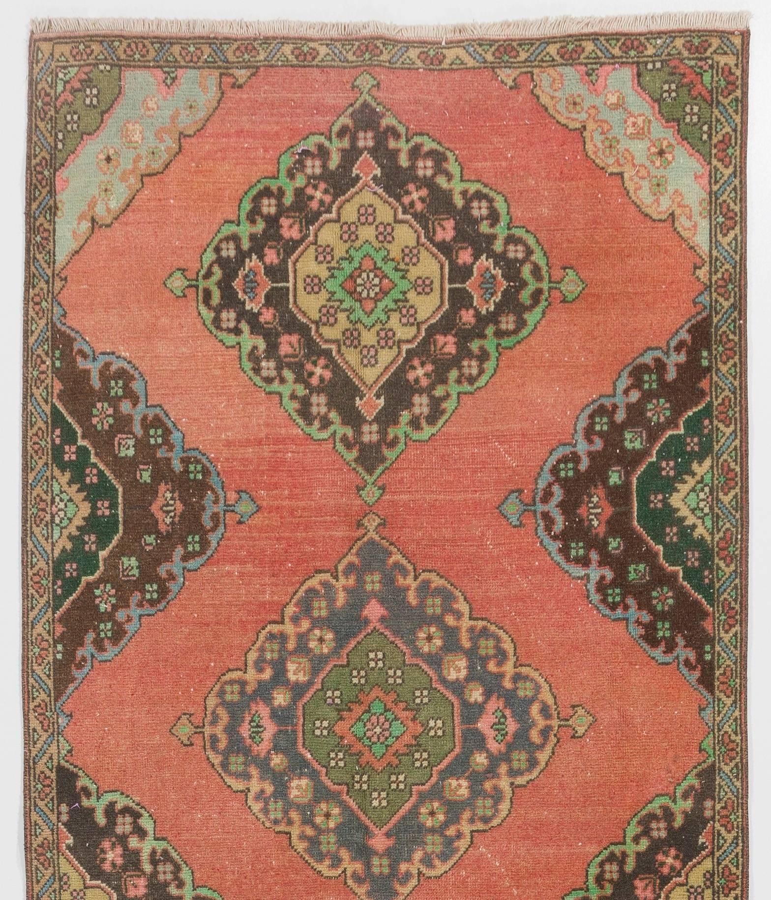 Hand-Knotted 3.7x11.5 Ft Vintage Handmade Turkish Runner Rug, Wool Hallway Carpet For Sale