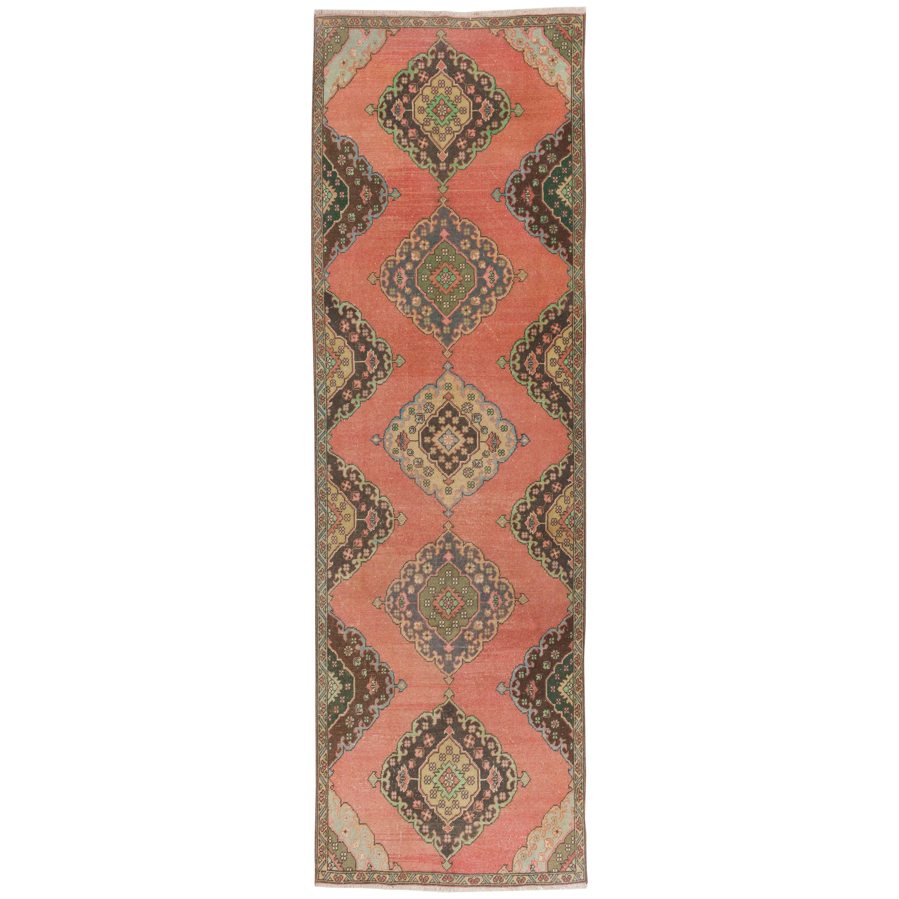 3.7x11.5 Ft Vintage Handmade Turkish Runner Rug, Wool Hallway Carpet (Tapis d'entrée en laine)