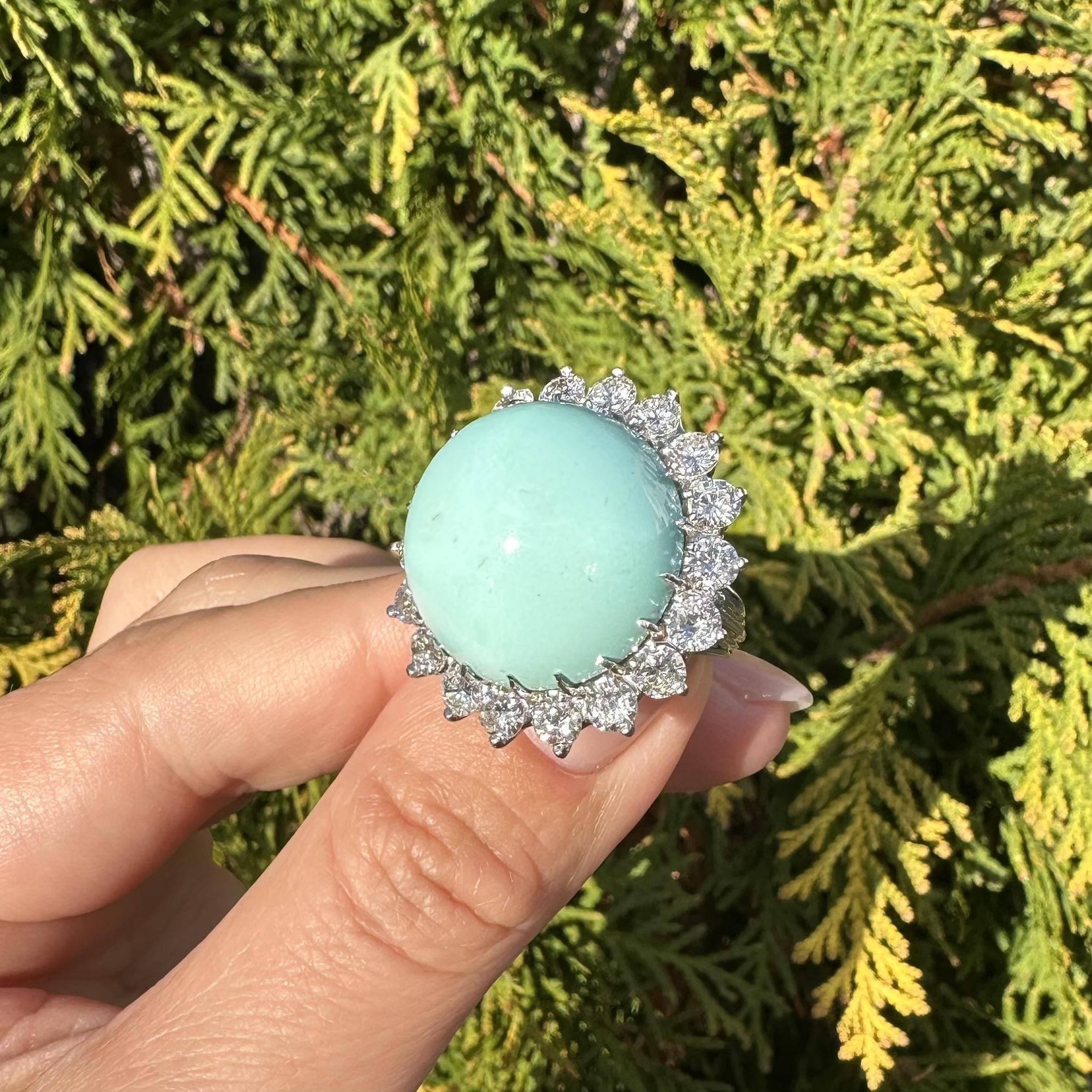 Vintage Handmade White Gold GIA Large Round Turquoise 3.50ctw Diamond Halo Ring For Sale 6