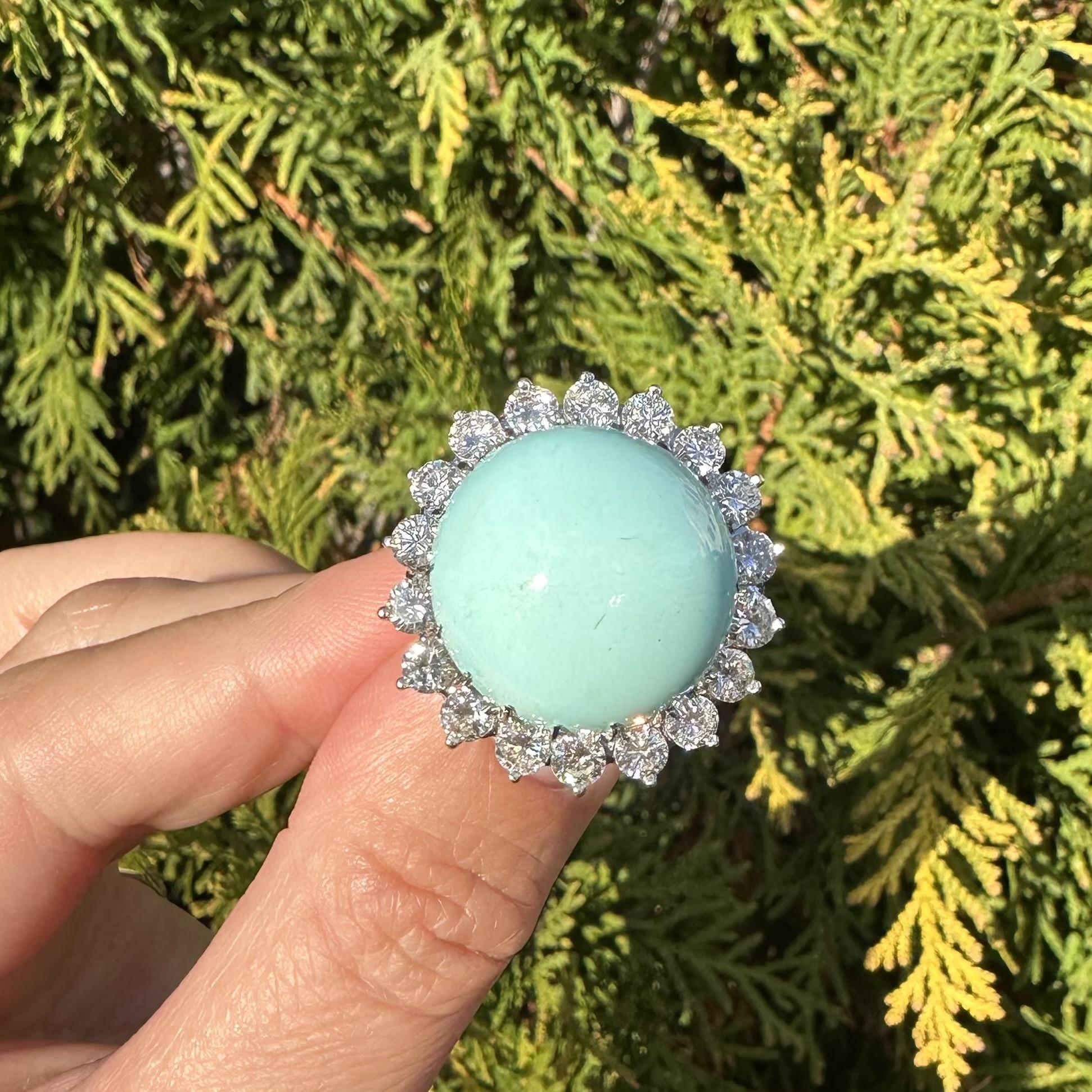 Vintage Handmade White Gold GIA Large Round Turquoise 3.50ctw Diamond Halo Ring For Sale 7