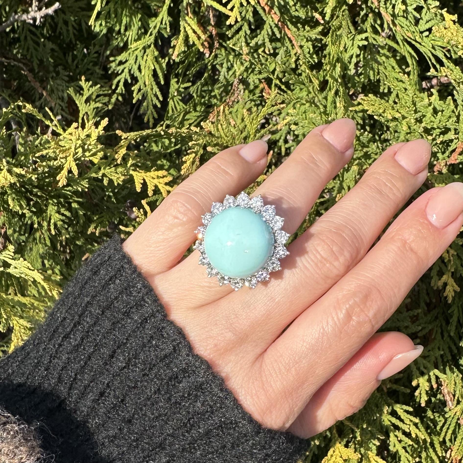 Vintage Handmade White Gold GIA Large Round Turquoise 3.50ctw Diamond Halo Ring For Sale 8