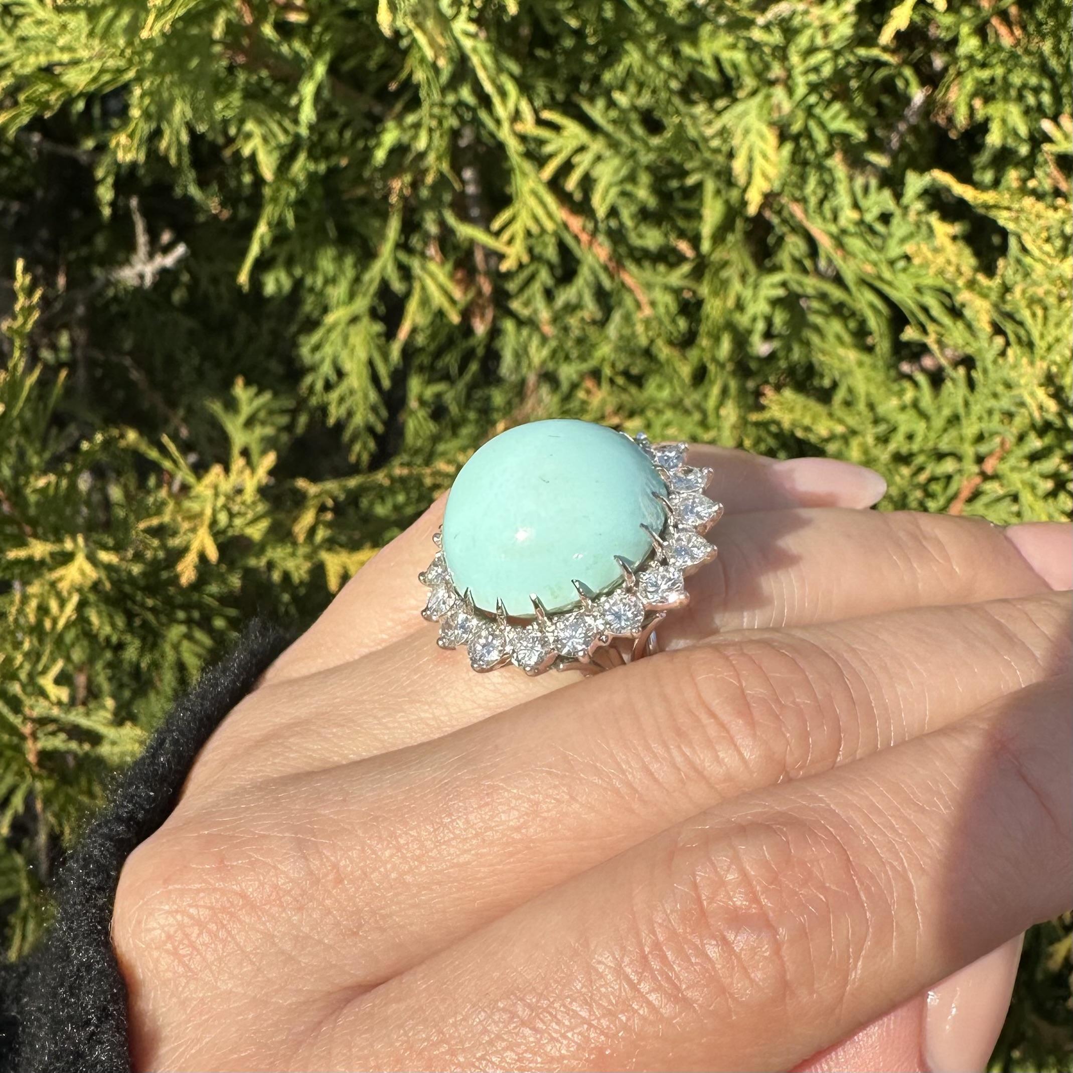 Vintage Handmade White Gold GIA Large Round Turquoise 3.50ctw Diamond Halo Ring For Sale 9