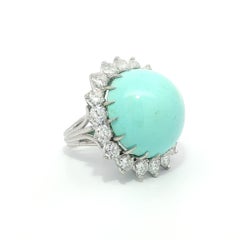 Vintage Handmade White Gold GIA Large Round Turquoise 3.50ctw Diamond Halo Ring