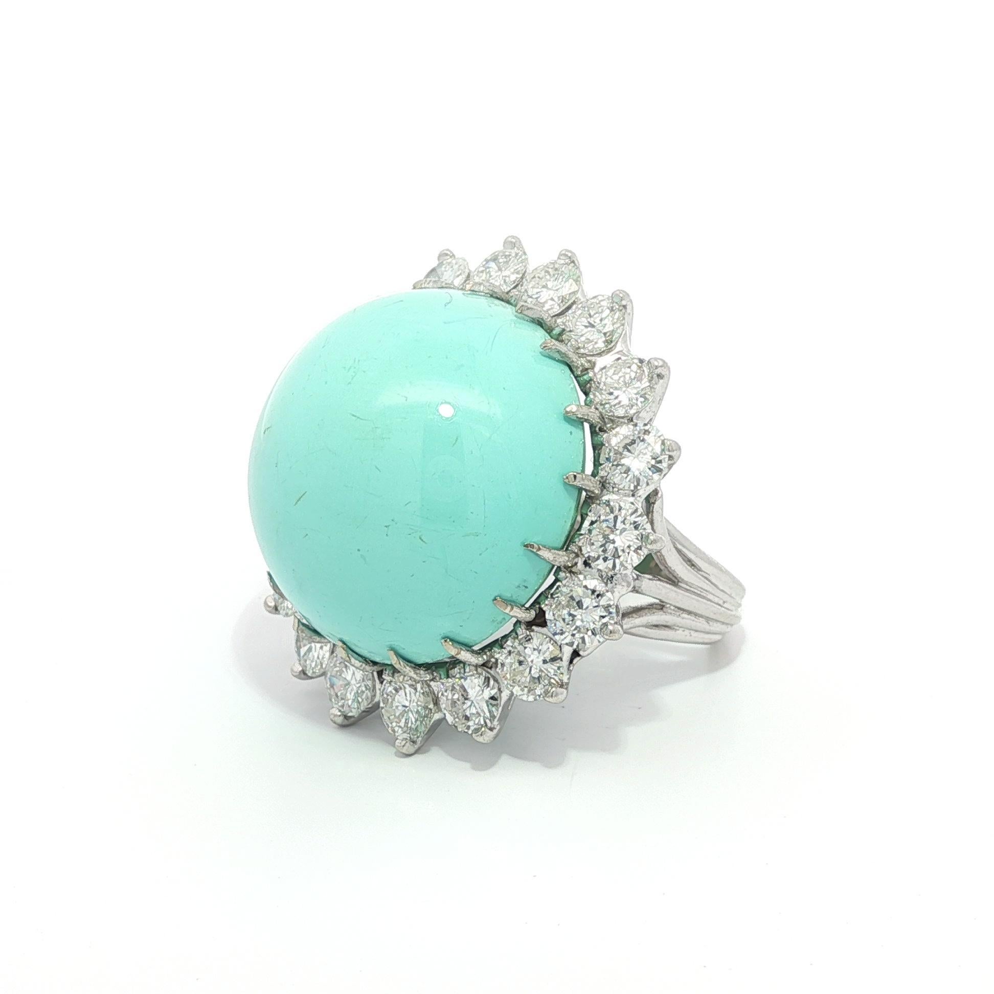 Cabochon Vintage Handmade White Gold GIA Large Round Turquoise 3.50ctw Diamond Halo Ring For Sale