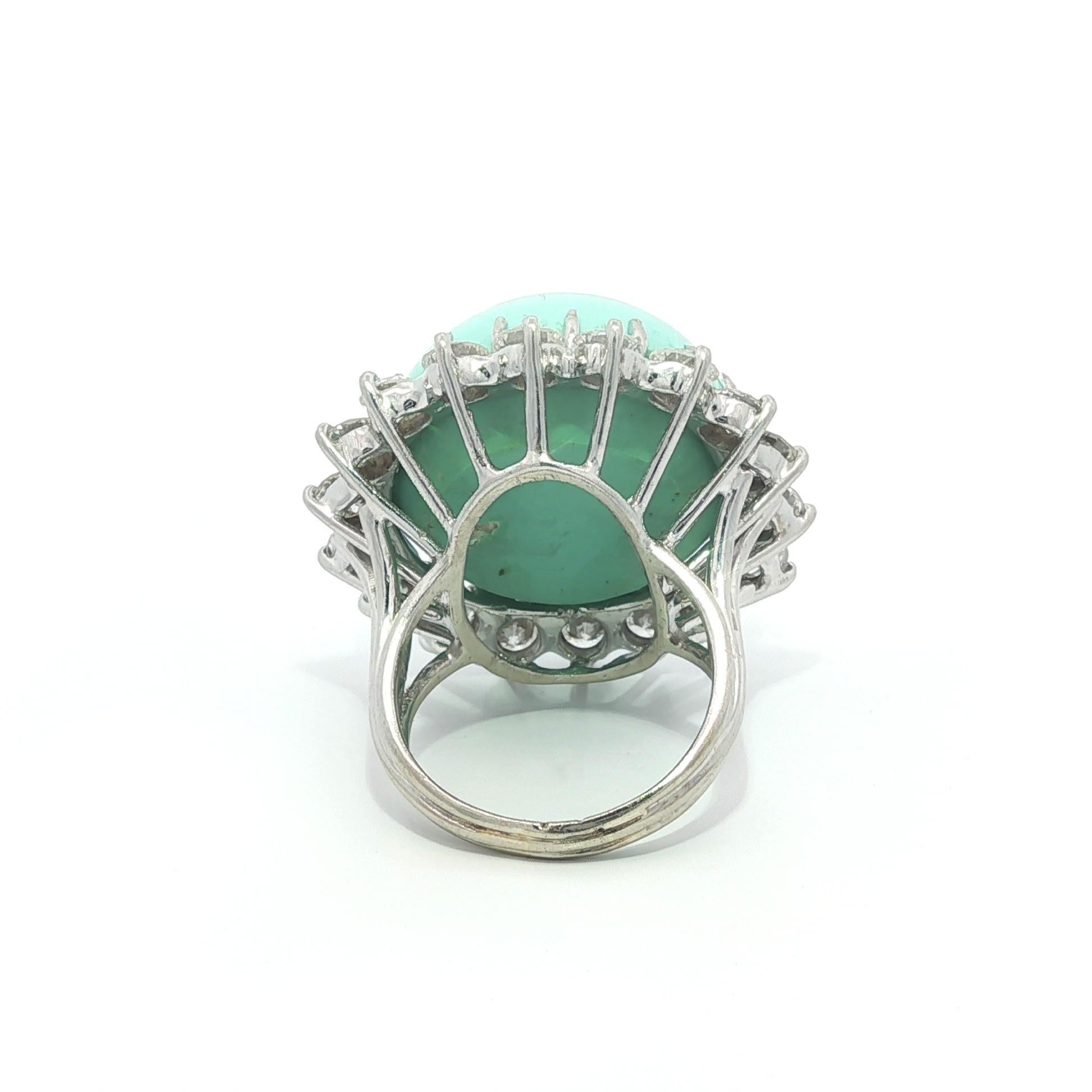 Vintage Handmade White Gold GIA Large Round Turquoise 3.50ctw Diamond Halo Ring In Good Condition For Sale In Montclair, NJ