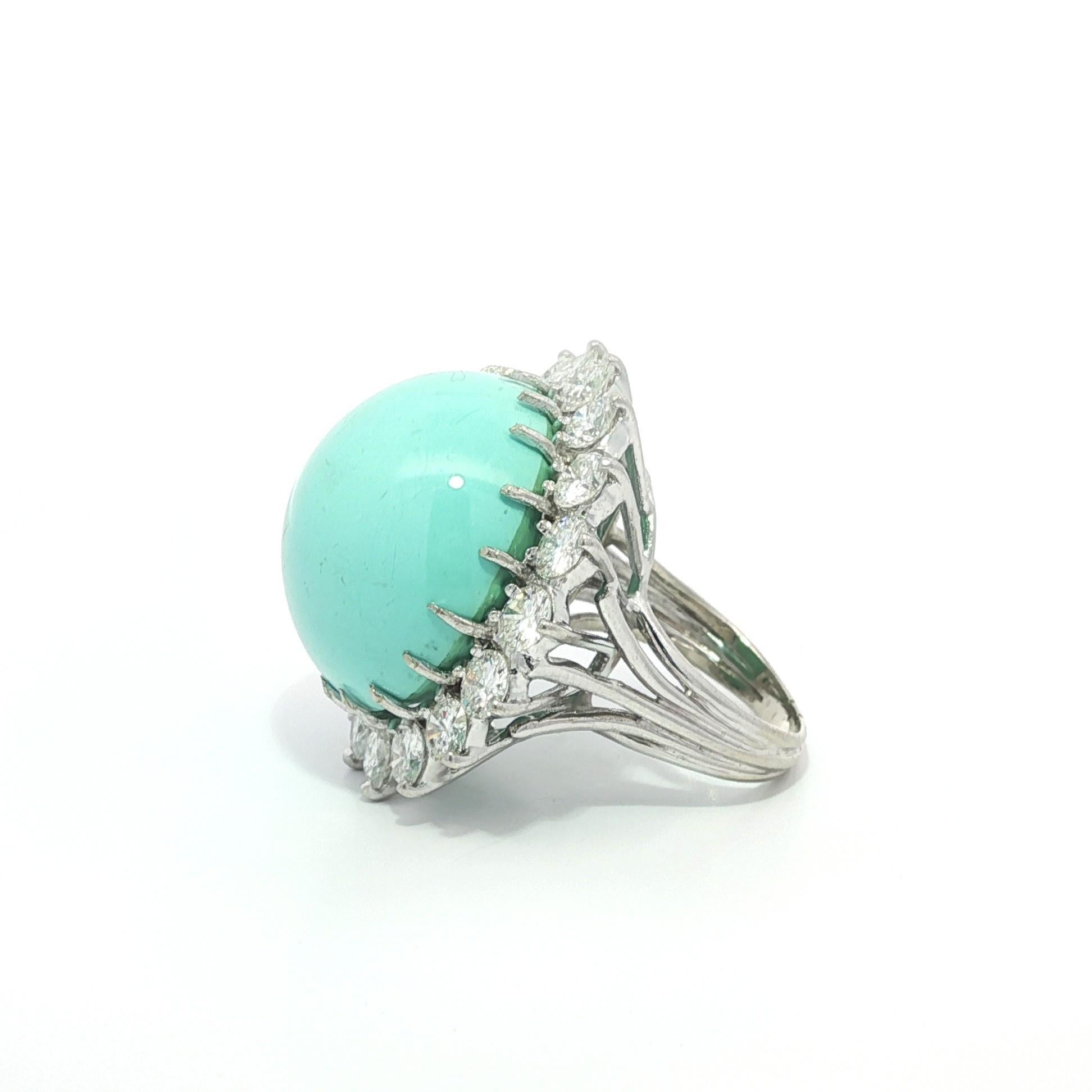 Vintage Handmade White Gold GIA Large Round Turquoise 3.50ctw Diamond Halo Ring For Sale 1