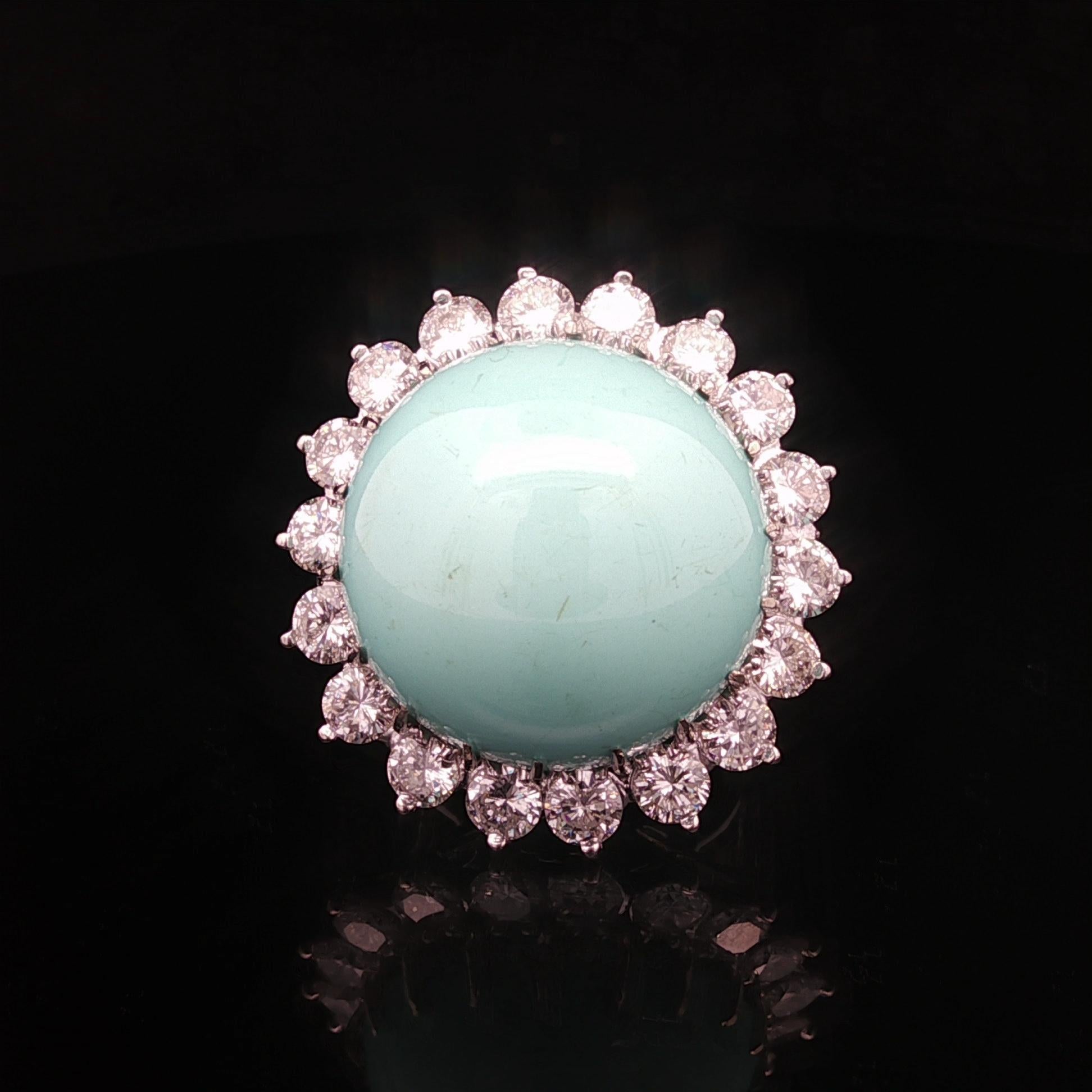 Vintage Handmade White Gold GIA Large Round Turquoise 3.50ctw Diamond Halo Ring For Sale 2