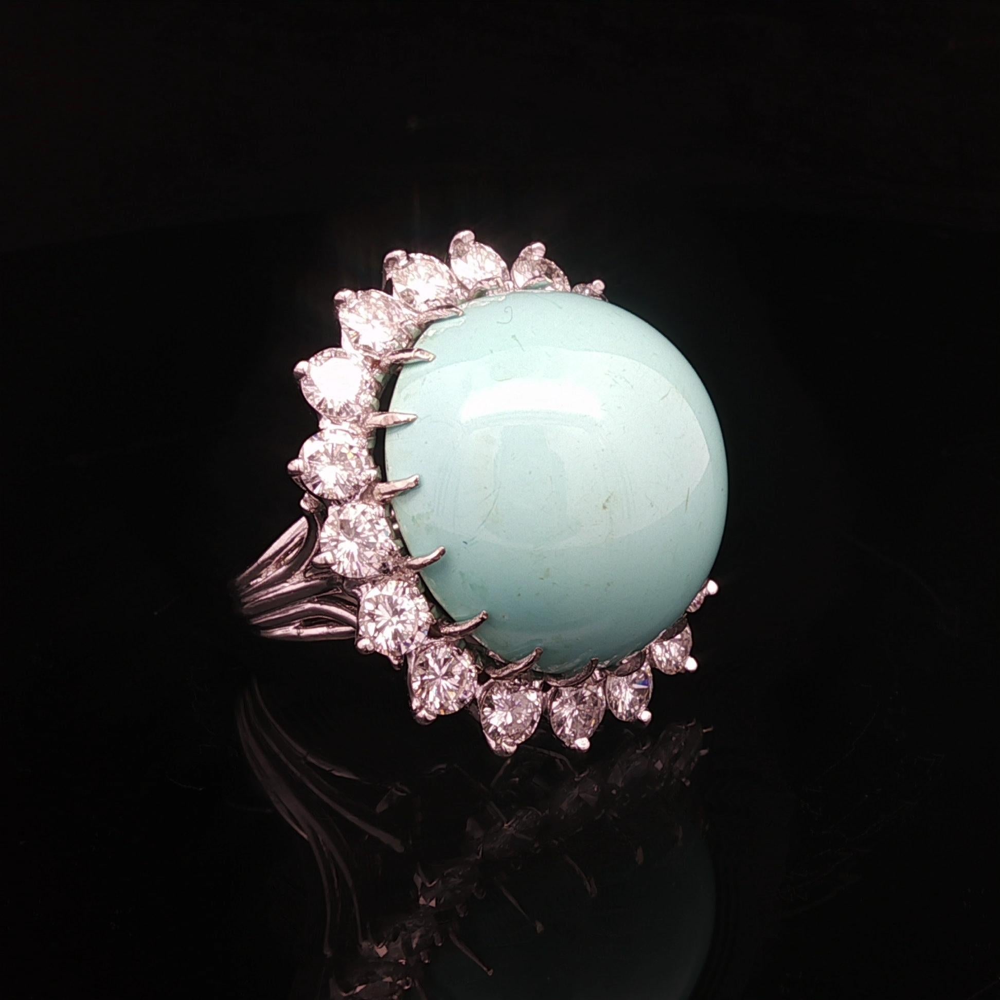 Vintage Handmade White Gold GIA Large Round Turquoise 3.50ctw Diamond Halo Ring For Sale 3