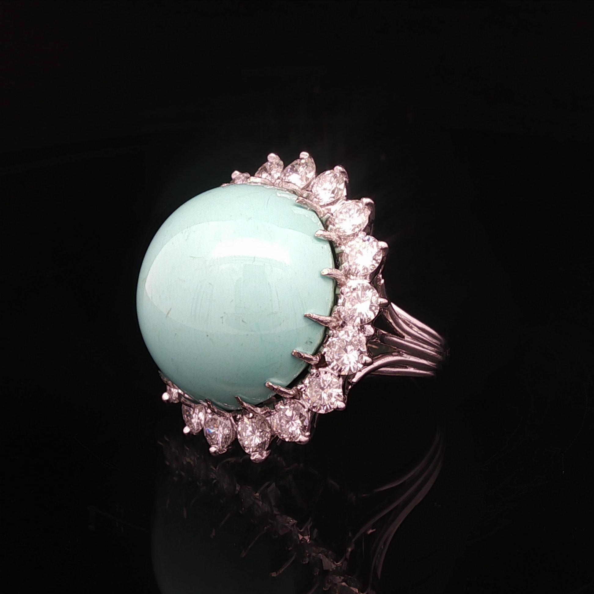 Vintage Handmade White Gold GIA Large Round Turquoise 3.50ctw Diamond Halo Ring For Sale 4
