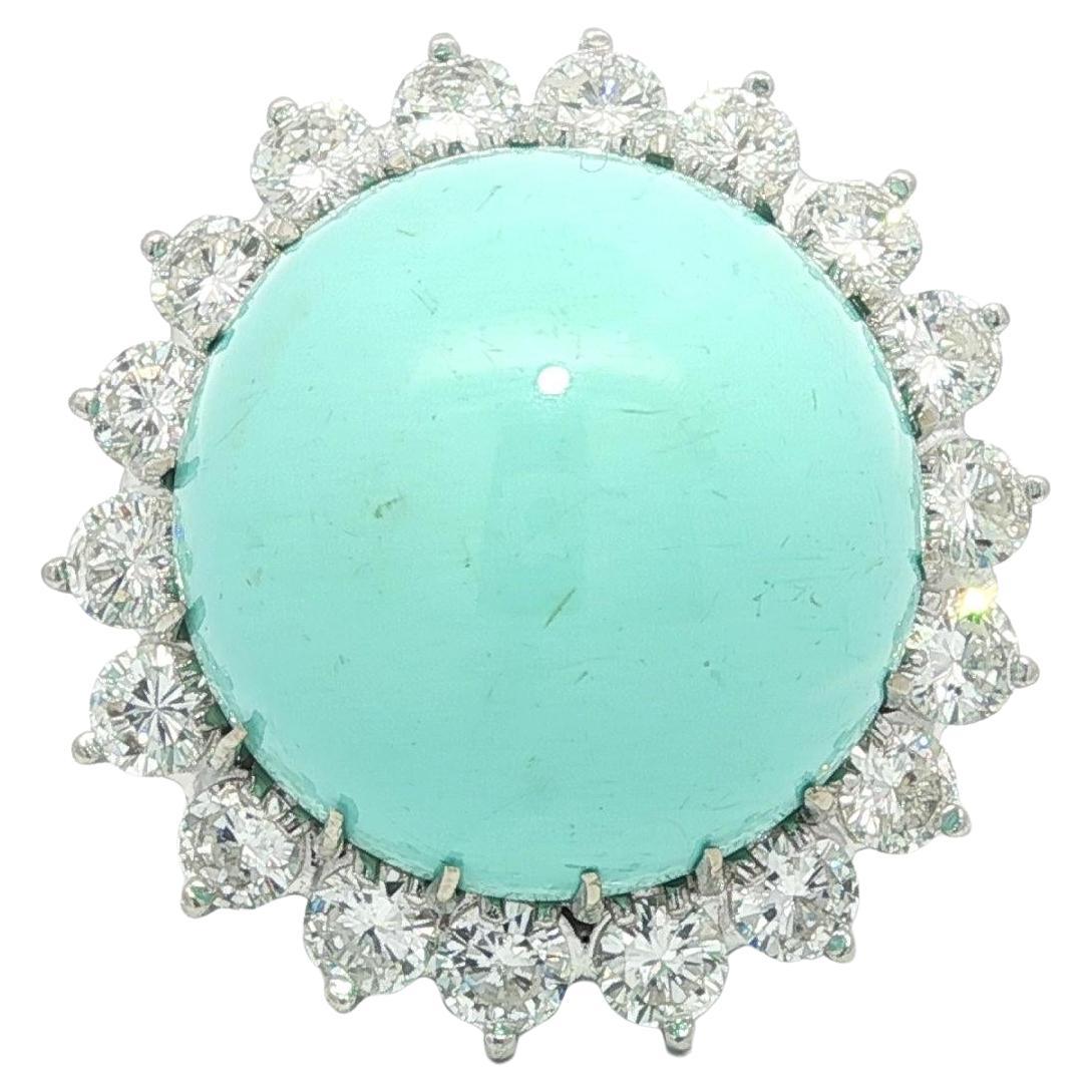 Vintage Handmade Weißgold GIA Große Runde Türkis 3,50ctw Diamond Halo Ring