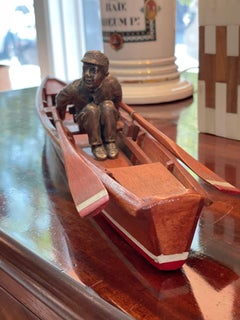 Vintage Handmade Wood Rowing Scull (boat) w/ a Silvered Bronze Crew Racer Figure