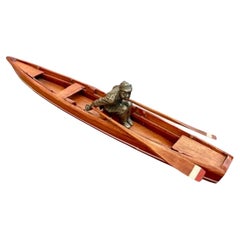 Vintage Handmade Wood Rowing Scull (boat) w/ a Silvered Bronze Crew Racer Figure