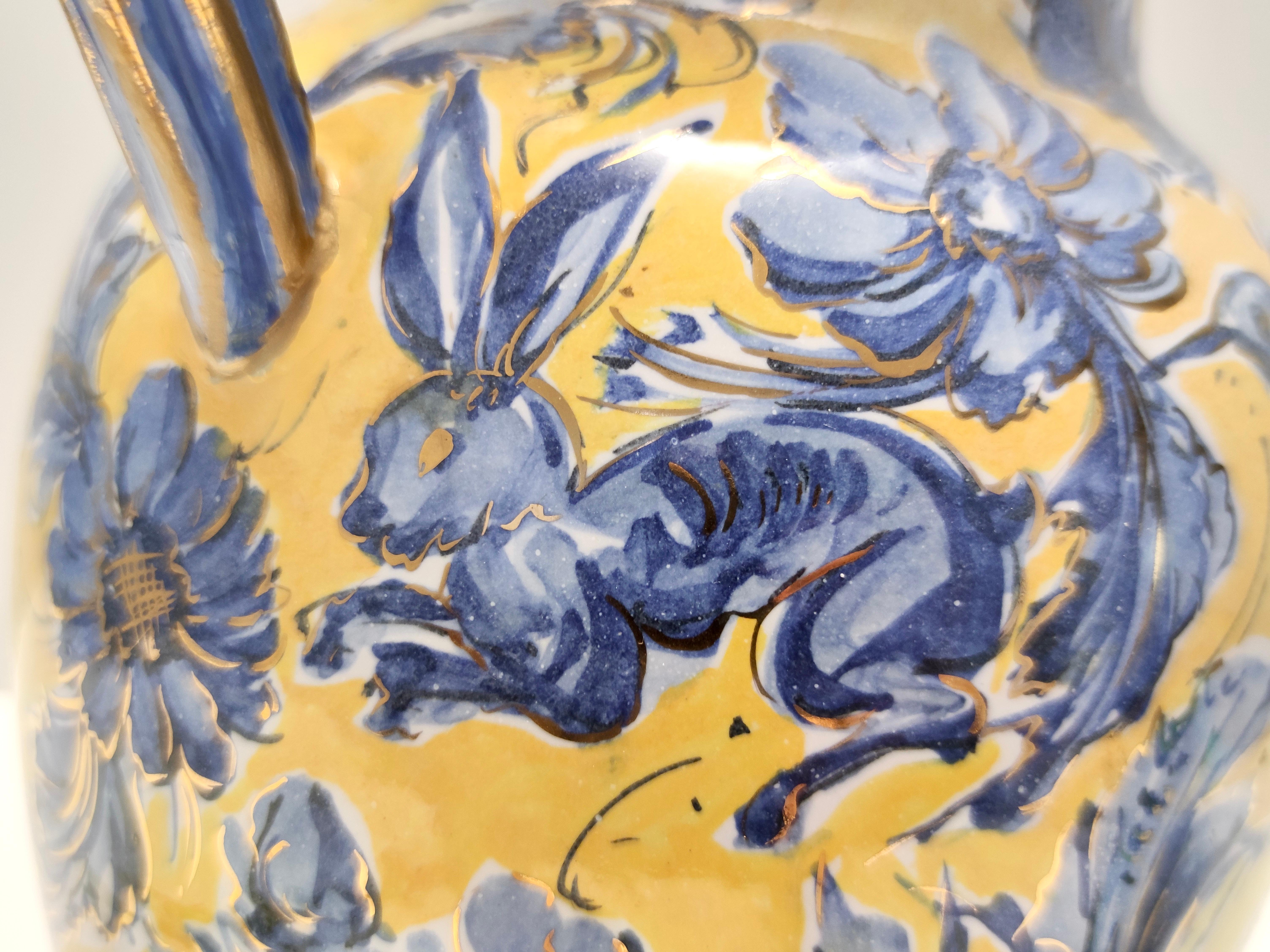 Vase Amphora en céramique émaillée jaune et bleue fait main par Zulimo Aretini, Italie en vente 1
