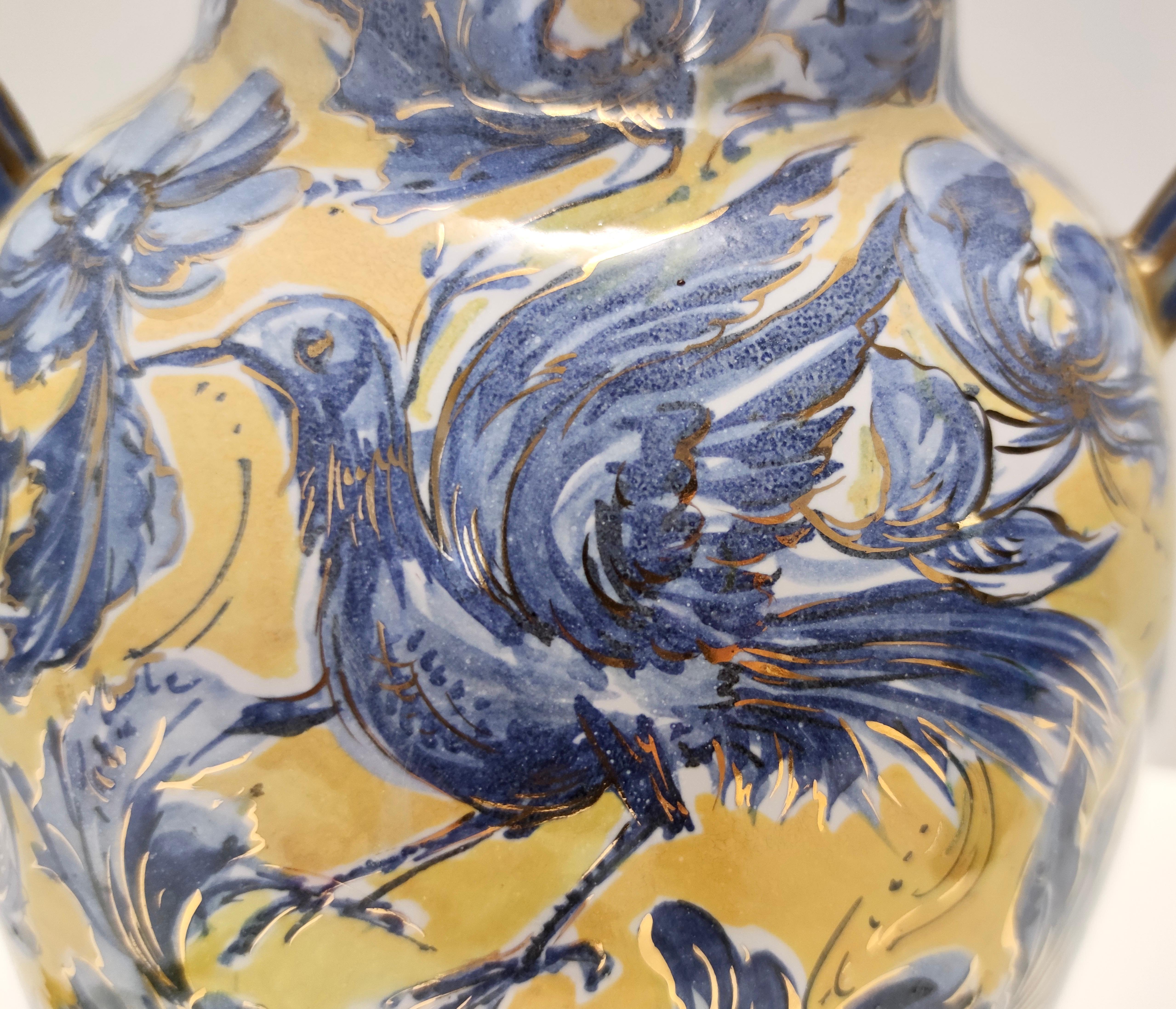 Handgefertigte gelbe und blaue glasierte Keramik-Amphora-Vase von Zulimo Aretini, Italien im Angebot 5