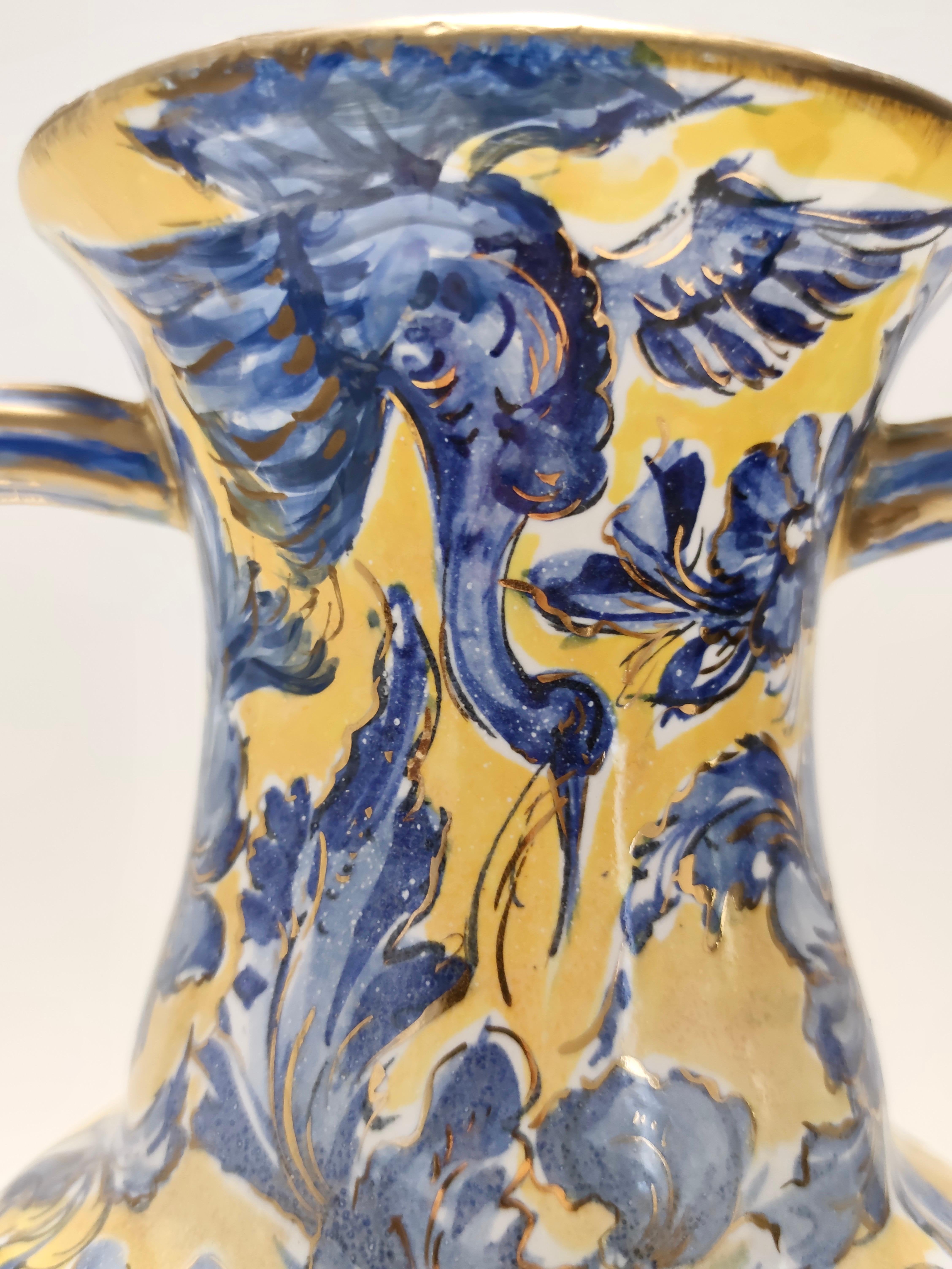 Handmade Yellow and Blue Glazed Ceramic Amphora Vase by Zulimo Aretini, Italy For Sale 7