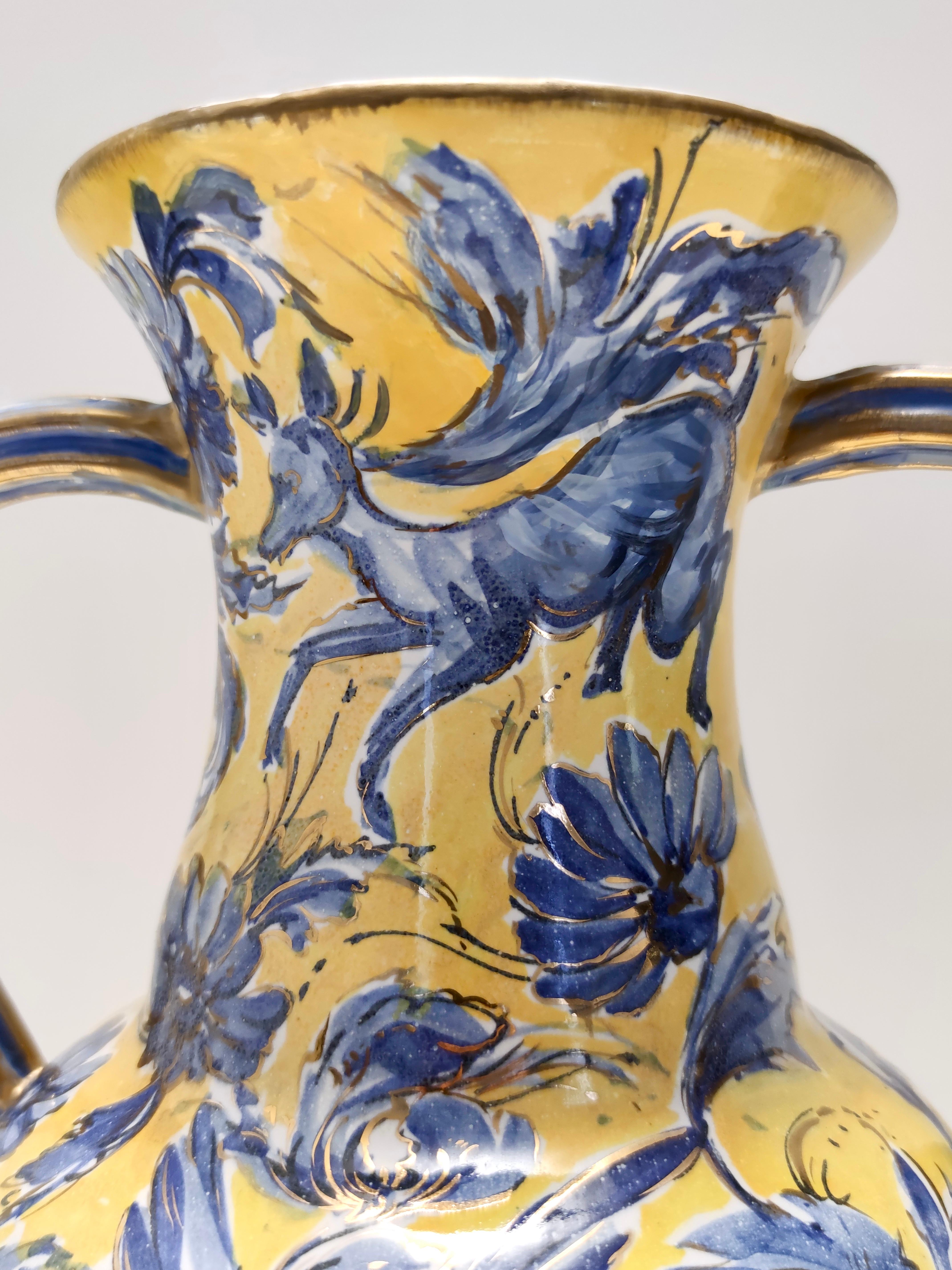 Handgefertigte gelbe und blaue glasierte Keramik-Amphora-Vase von Zulimo Aretini, Italien im Angebot 7