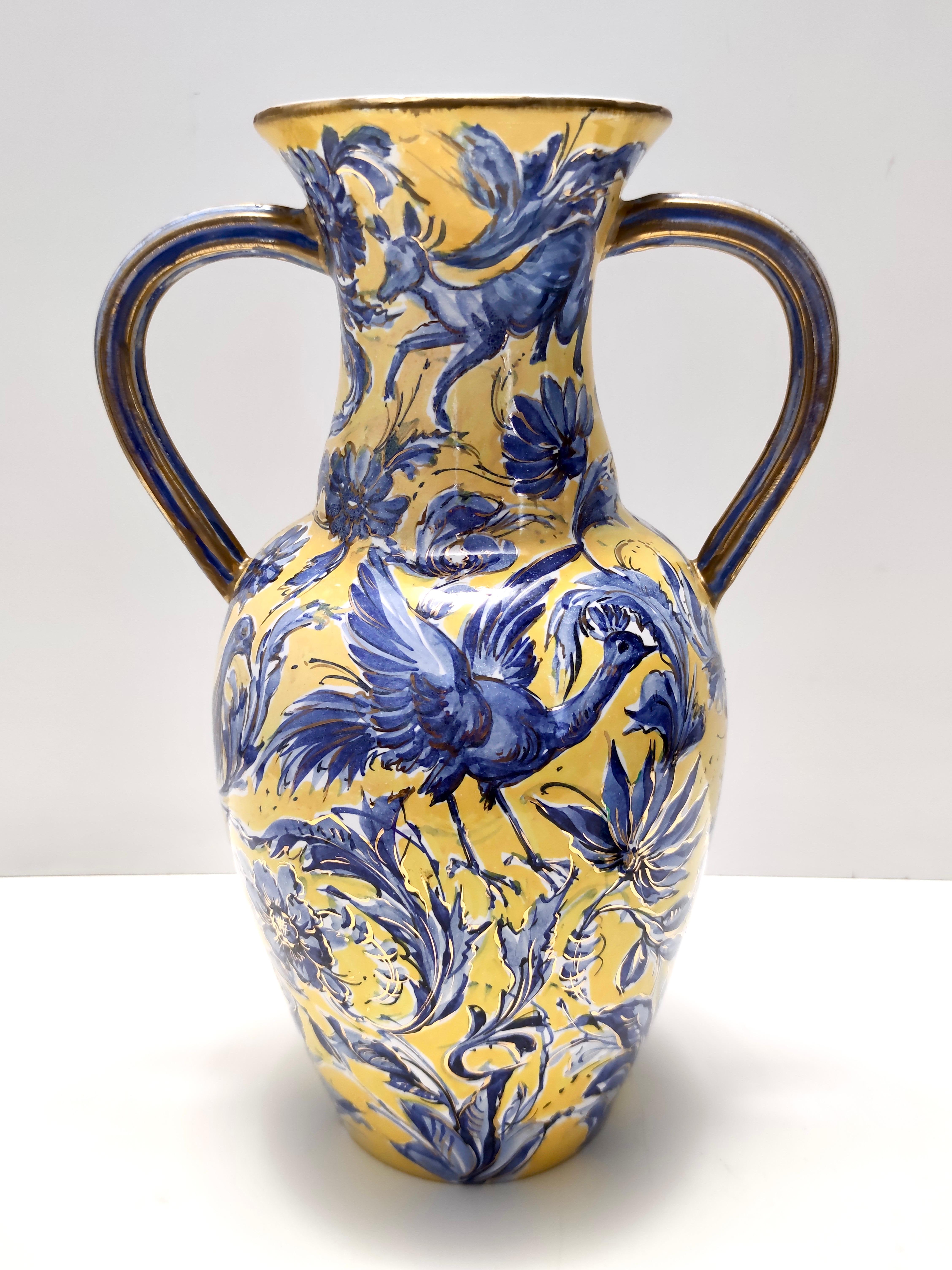 Mid-Century Modern Vase Amphora en céramique émaillée jaune et bleue fait main par Zulimo Aretini, Italie en vente