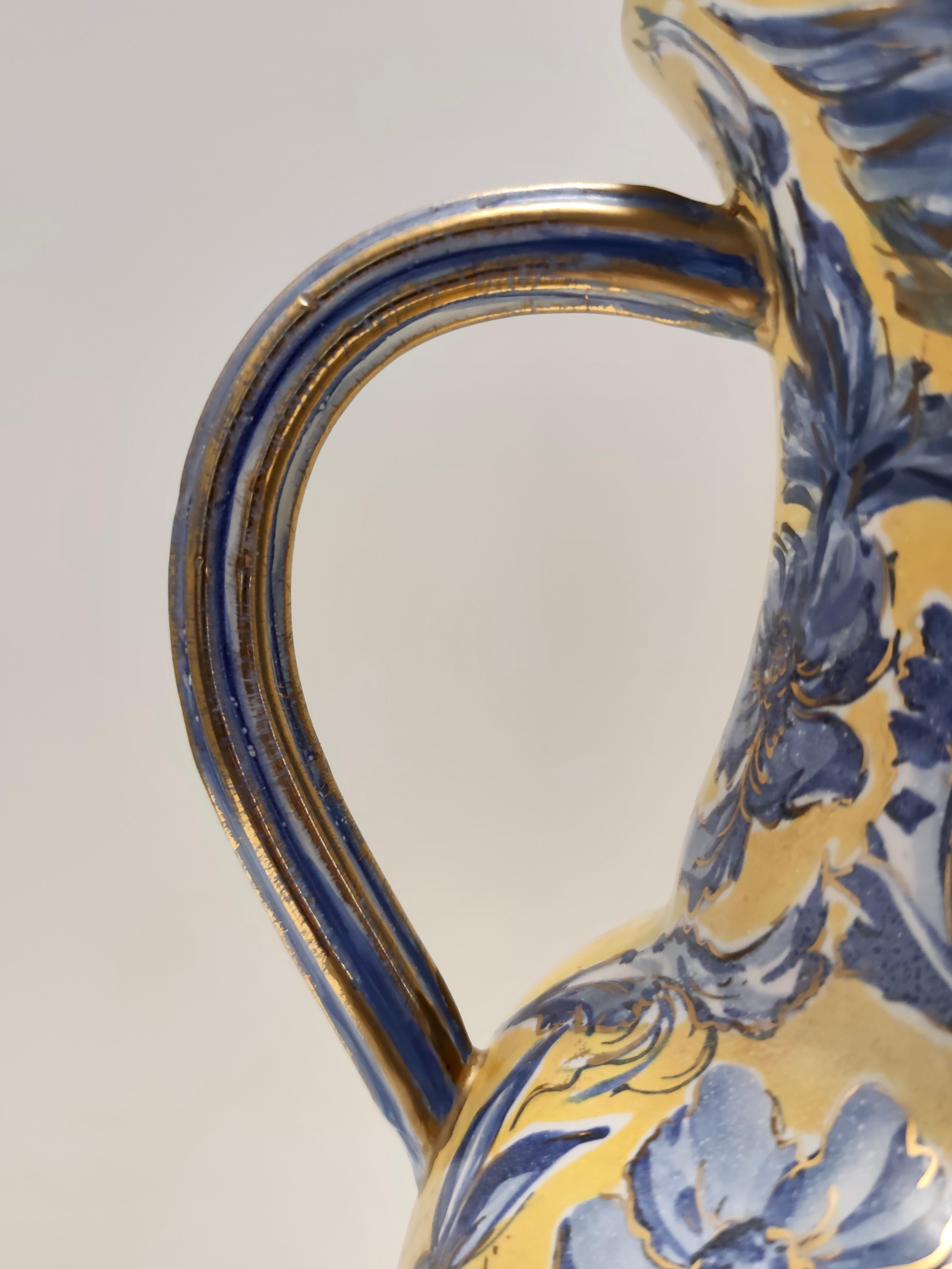Handgefertigte gelbe und blaue glasierte Keramik-Amphora-Vase von Zulimo Aretini, Italien im Angebot 1