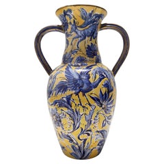 Vintage Handmade Yellow and Blue Glazed Ceramic Amphora by Zulimo Aretini, Italy