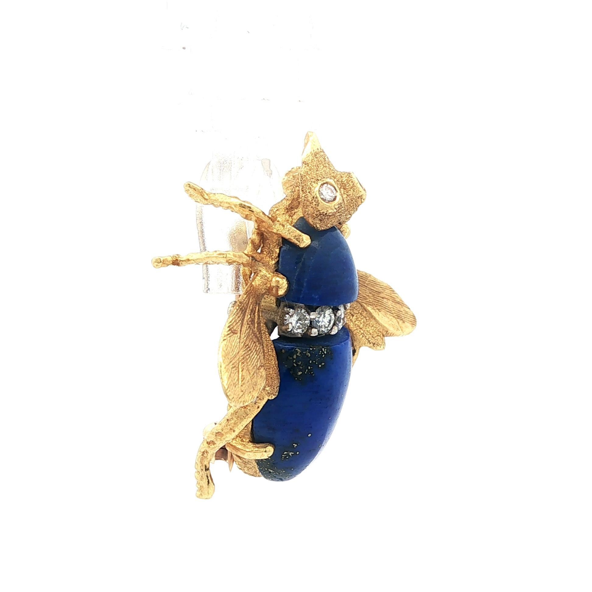 Vintage Handmade Gelbgold Blau Lapis Diamant Detaillierte Biene fliegen Pin Brosche im Angebot 2
