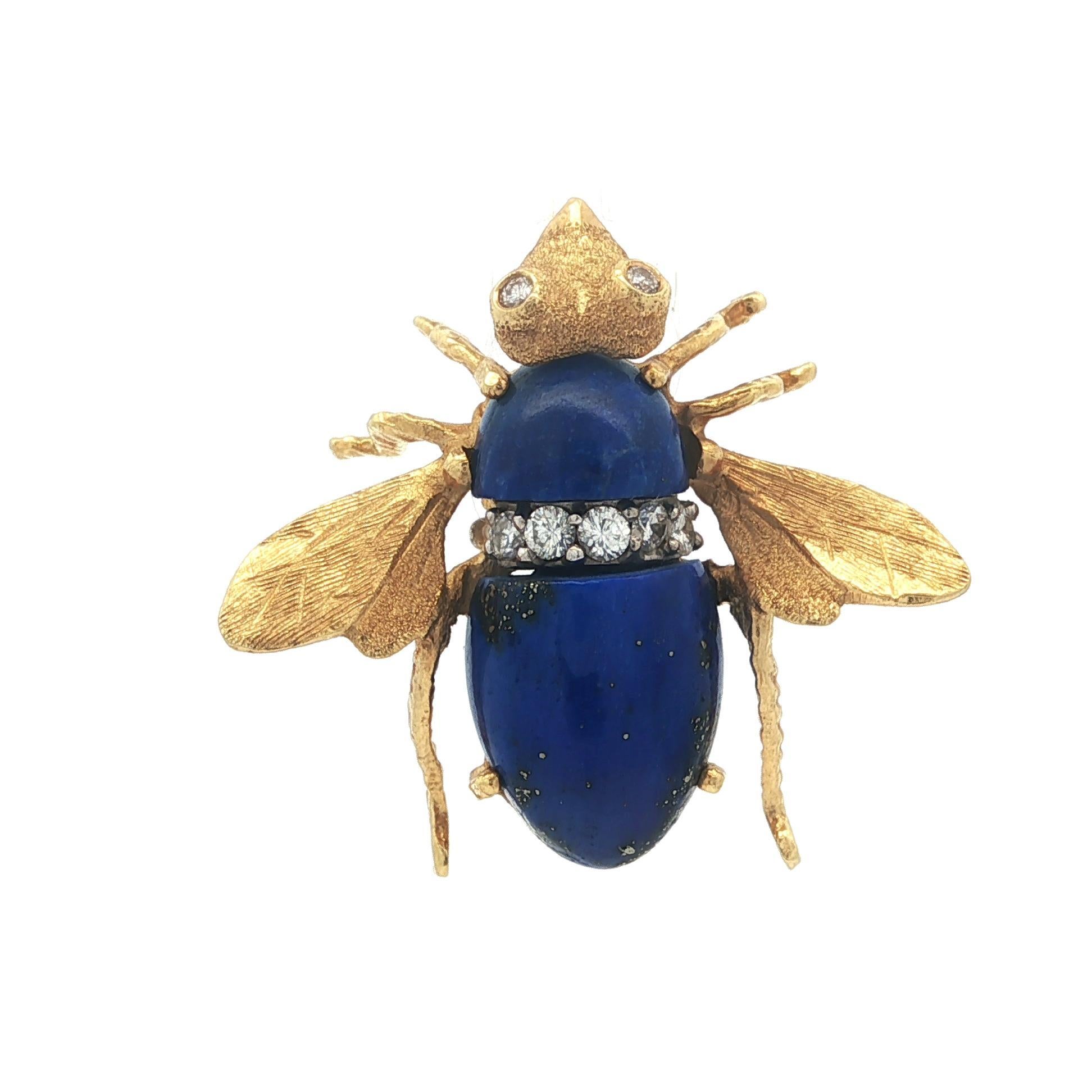 Vintage Handmade Gelbgold Blau Lapis Diamant Detaillierte Biene fliegen Pin Brosche im Angebot