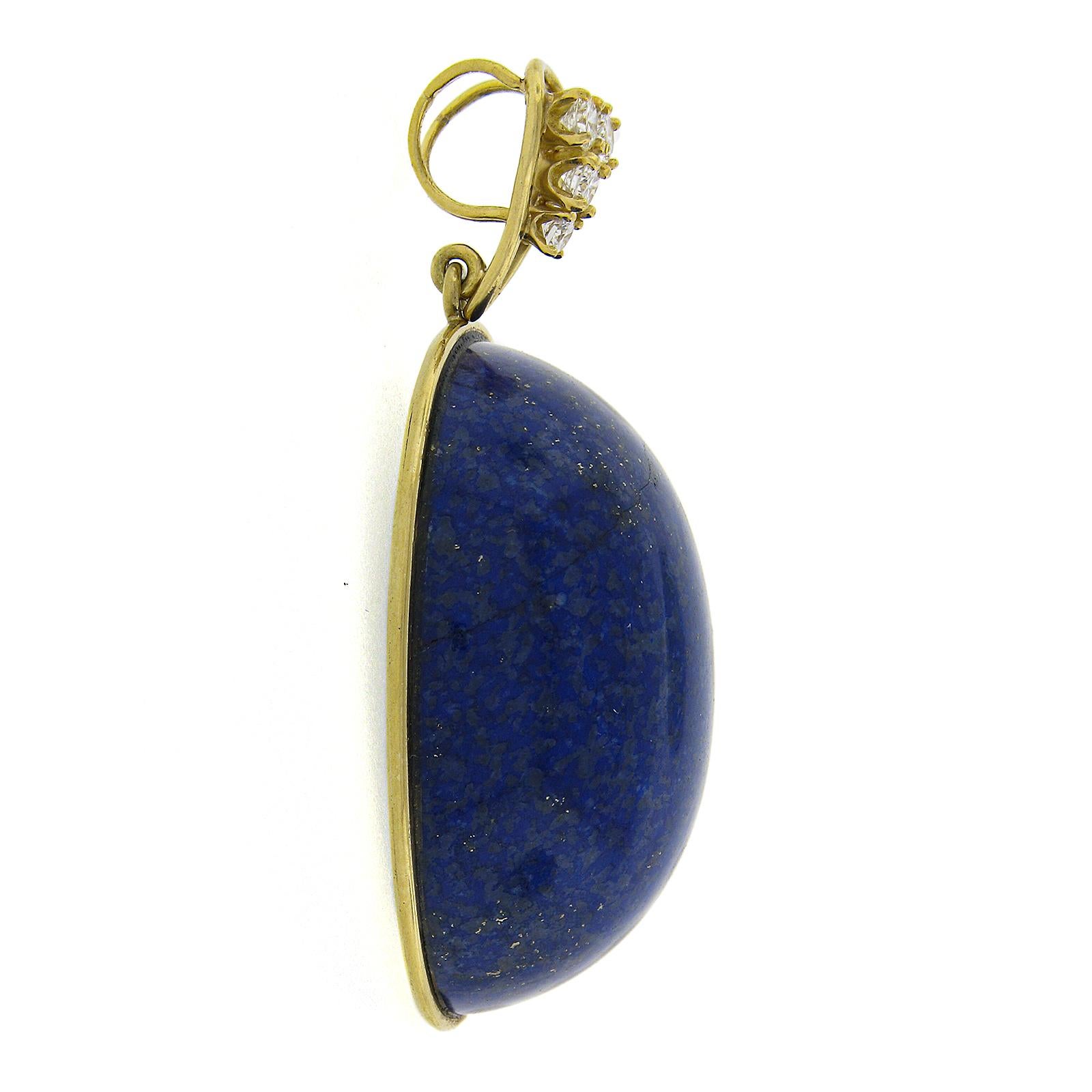 Oval Cut Vintage Handmade Yellow Gold Domed Oval Polished Lapis w/ Diamond Bail Pendant For Sale