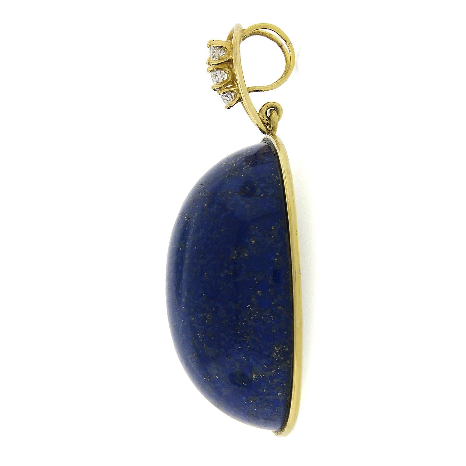 Vintage Handmade Yellow Gold Domed Oval Polished Lapis w/ Diamond Bail Pendant In Excellent Condition For Sale In Montclair, NJ