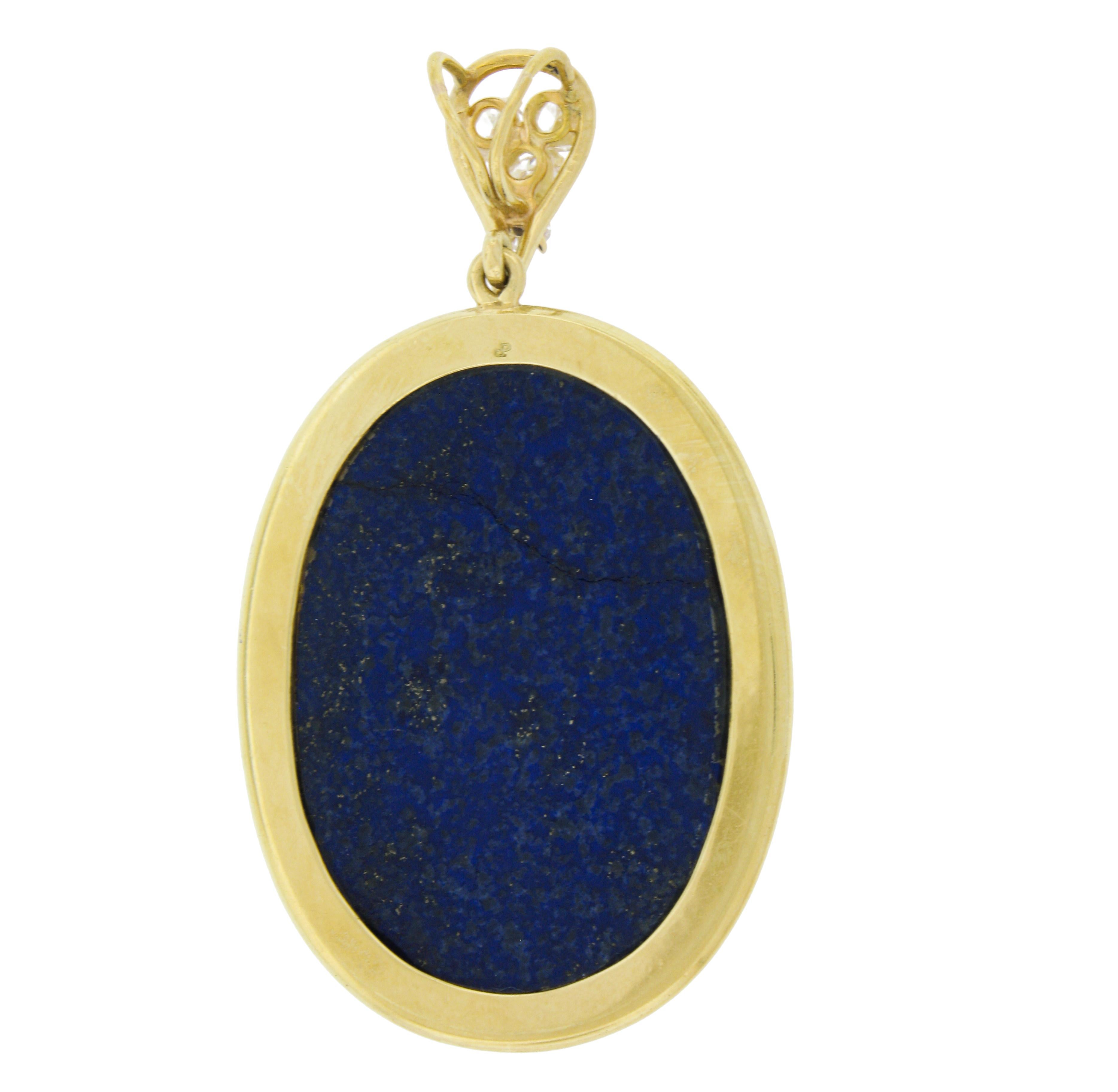 Women's or Men's Vintage Handmade Yellow Gold Domed Oval Polished Lapis w/ Diamond Bail Pendant For Sale