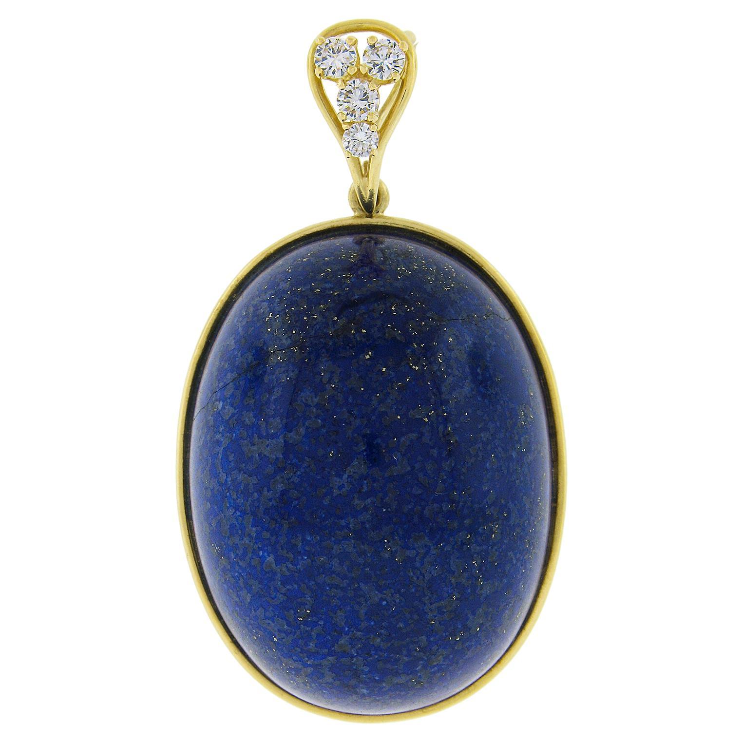 Vintage Handmade Yellow Gold Domed Oval Polished Lapis w/ Diamond Bail Pendant For Sale