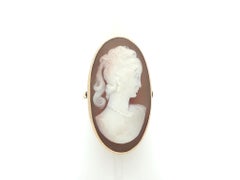 Vintage Handmade Yellow Gold Elongated Carved Shell Cameo Lady Portrait Ring