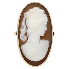 Vintage Handmade Yellow Gold Elongated Carved Shell Cameo Lady Portrait Ring
