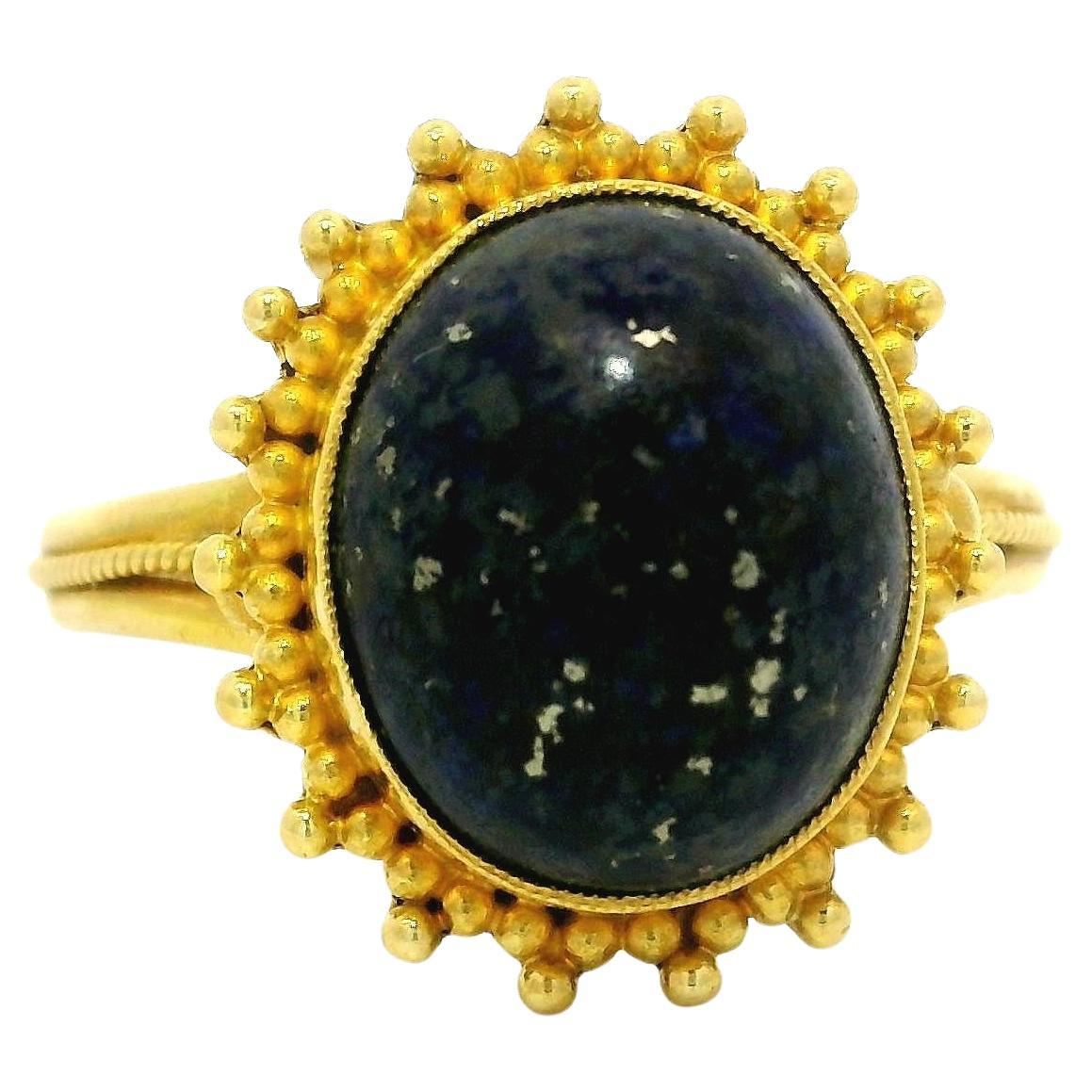 Vintage Handmade Yellow Gold Lapis Lazuli Beading Work Solitaire Cocktail Ring