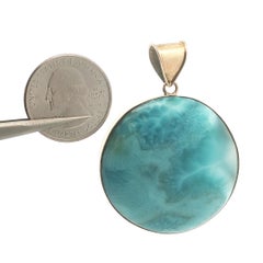 Vintage Handmade Yellow Gold Large Bezel Round Cabochon Larimar Pendant