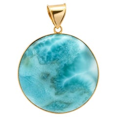 Vintage Handmade Yellow Gold Large Bezel Round Cabochon Larimar Pendant