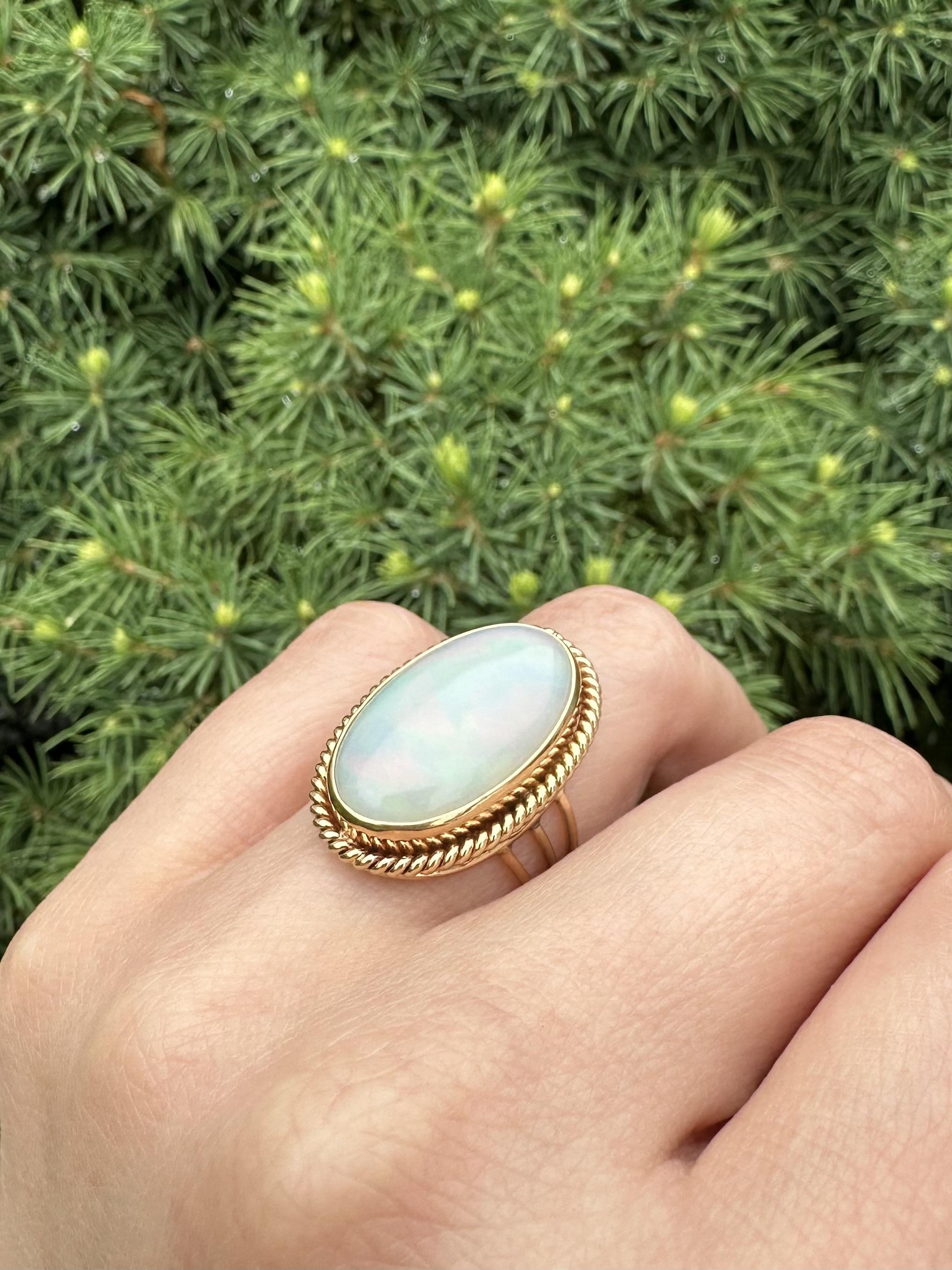 Vintage Handmade Yellow Gold Large White Opal Twisted Wire Bezel Set Ring For Sale 5