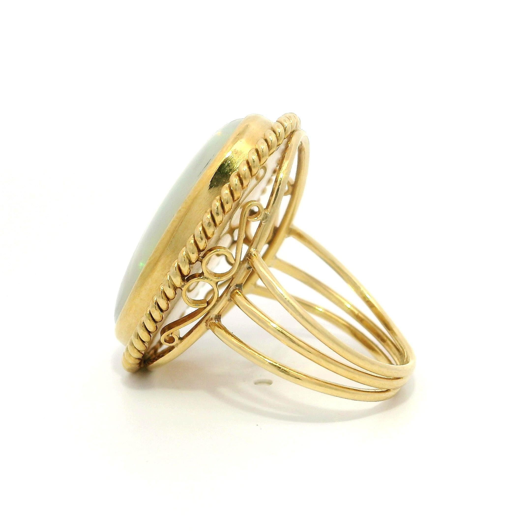 Vintage Handmade Yellow Gold Large White Opal Twisted Wire Bezel Set Ring For Sale 6