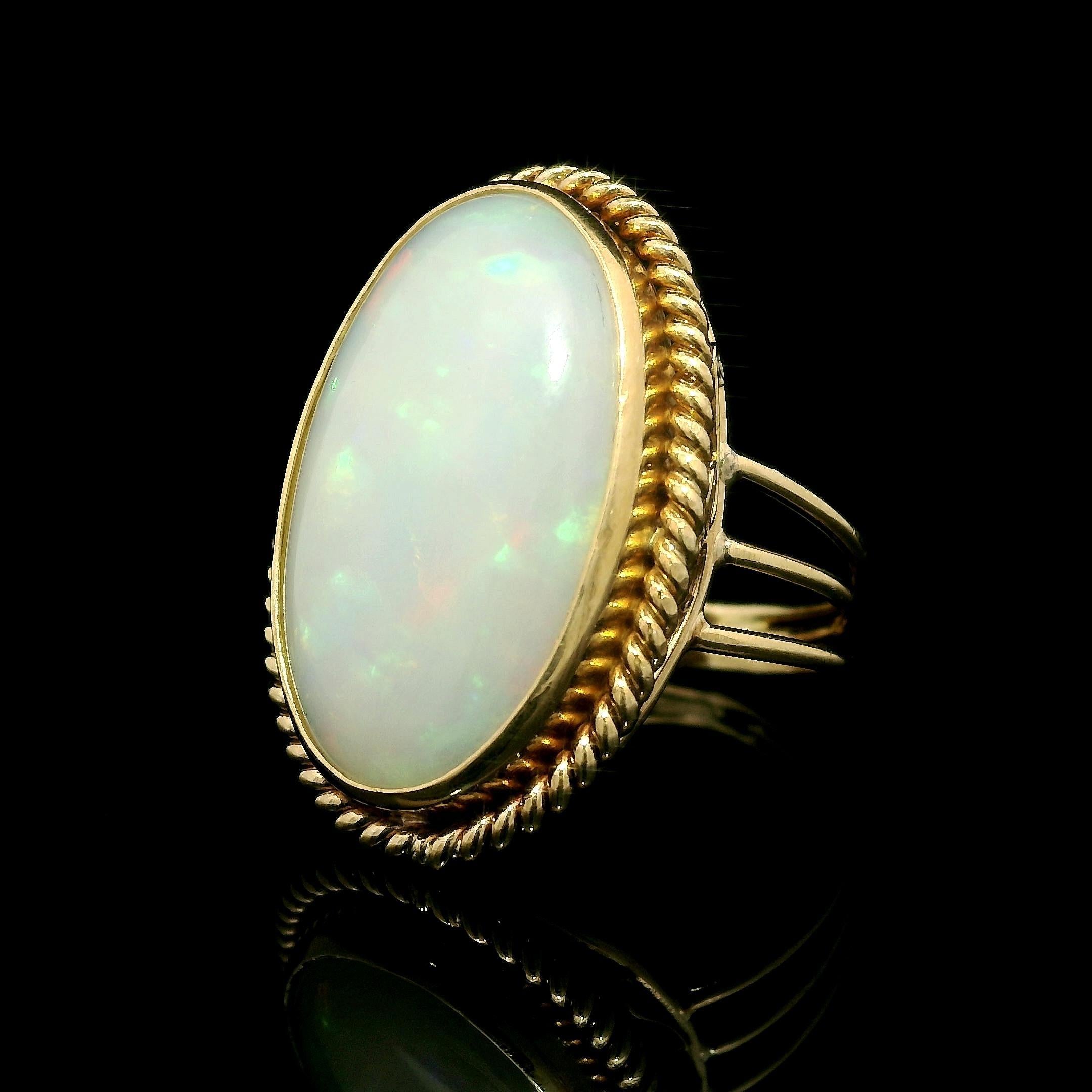 Vintage Handmade Yellow Gold Large White Opal Twisted Wire Bezel Set Ring For Sale 8