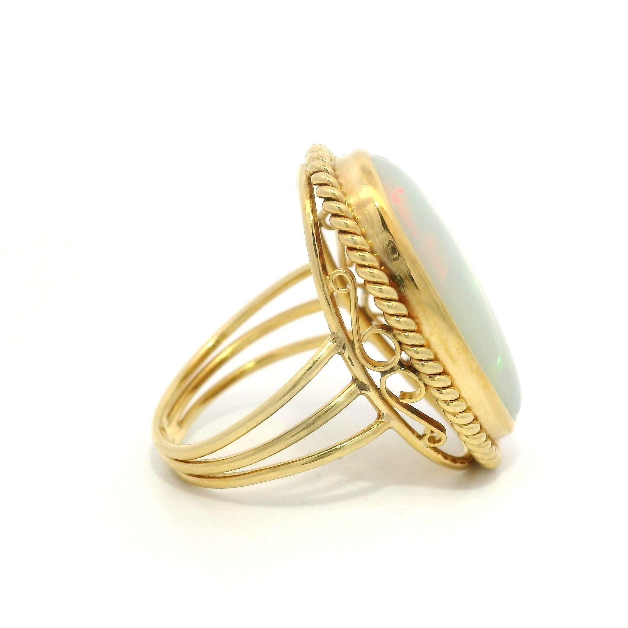 Women's Vintage Handmade Yellow Gold Large White Opal Twisted Wire Bezel Set Ring For Sale