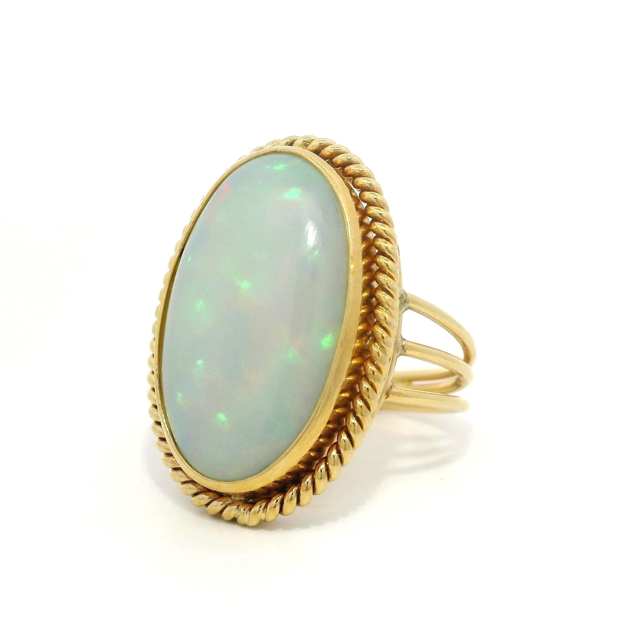 Vintage Handmade Yellow Gold Large White Opal Twisted Wire Bezel Set Ring For Sale 1