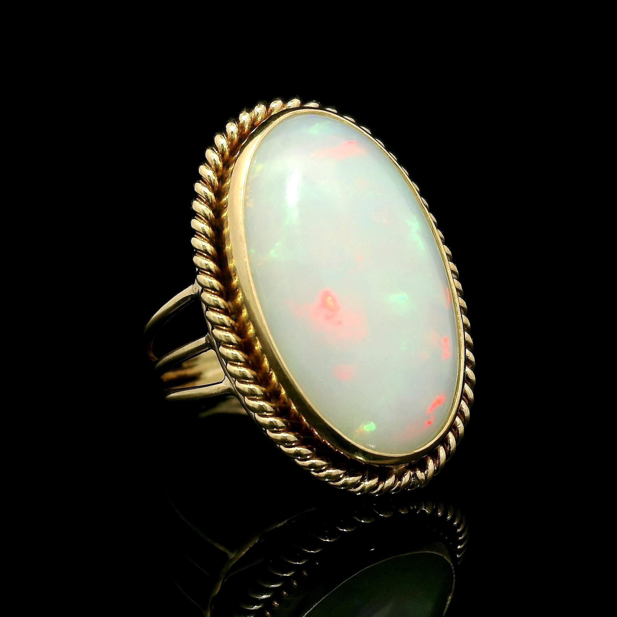 Vintage Handmade Yellow Gold Large White Opal Twisted Wire Bezel Set Ring For Sale 2