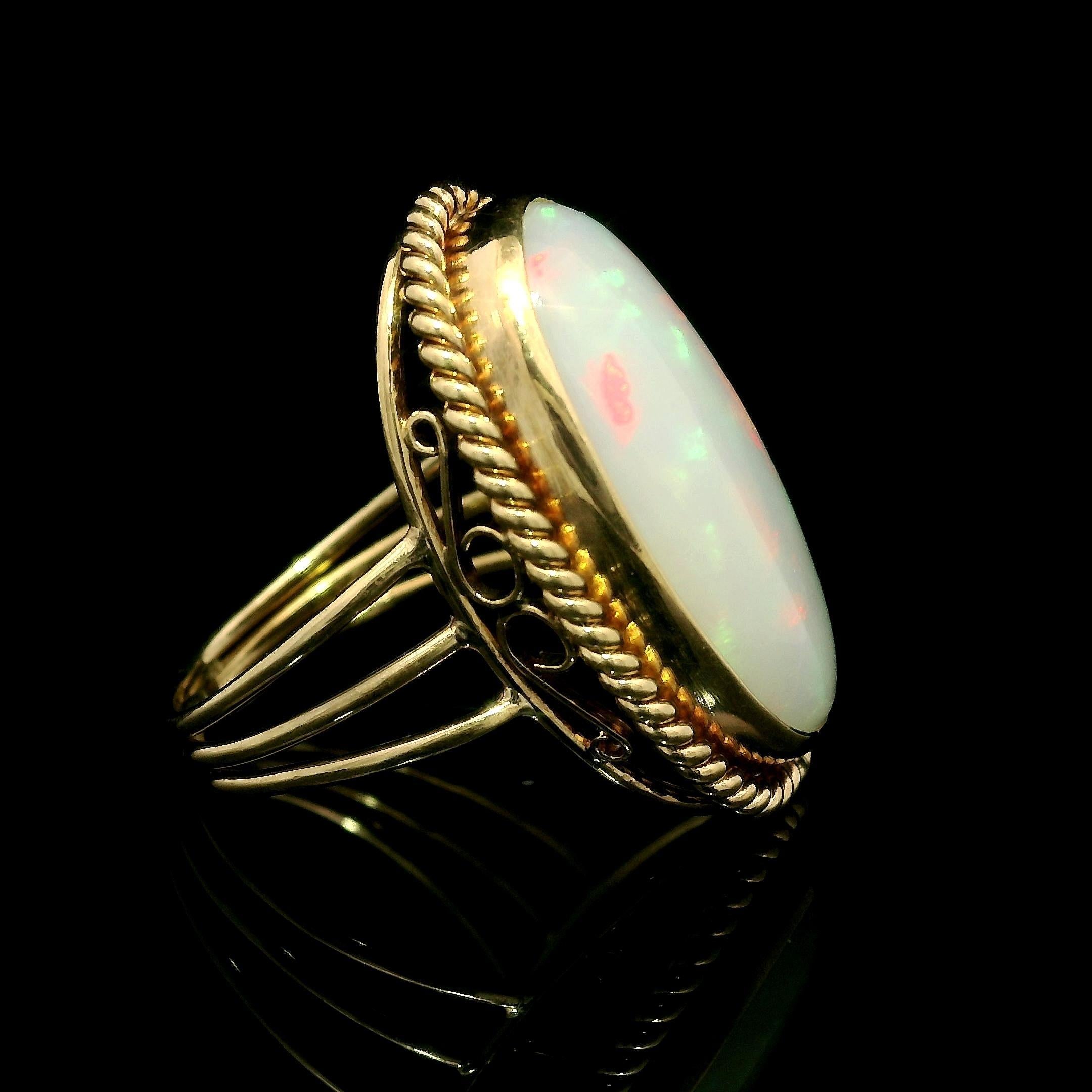 Vintage Handmade Yellow Gold Large White Opal Twisted Wire Bezel Set Ring For Sale 3