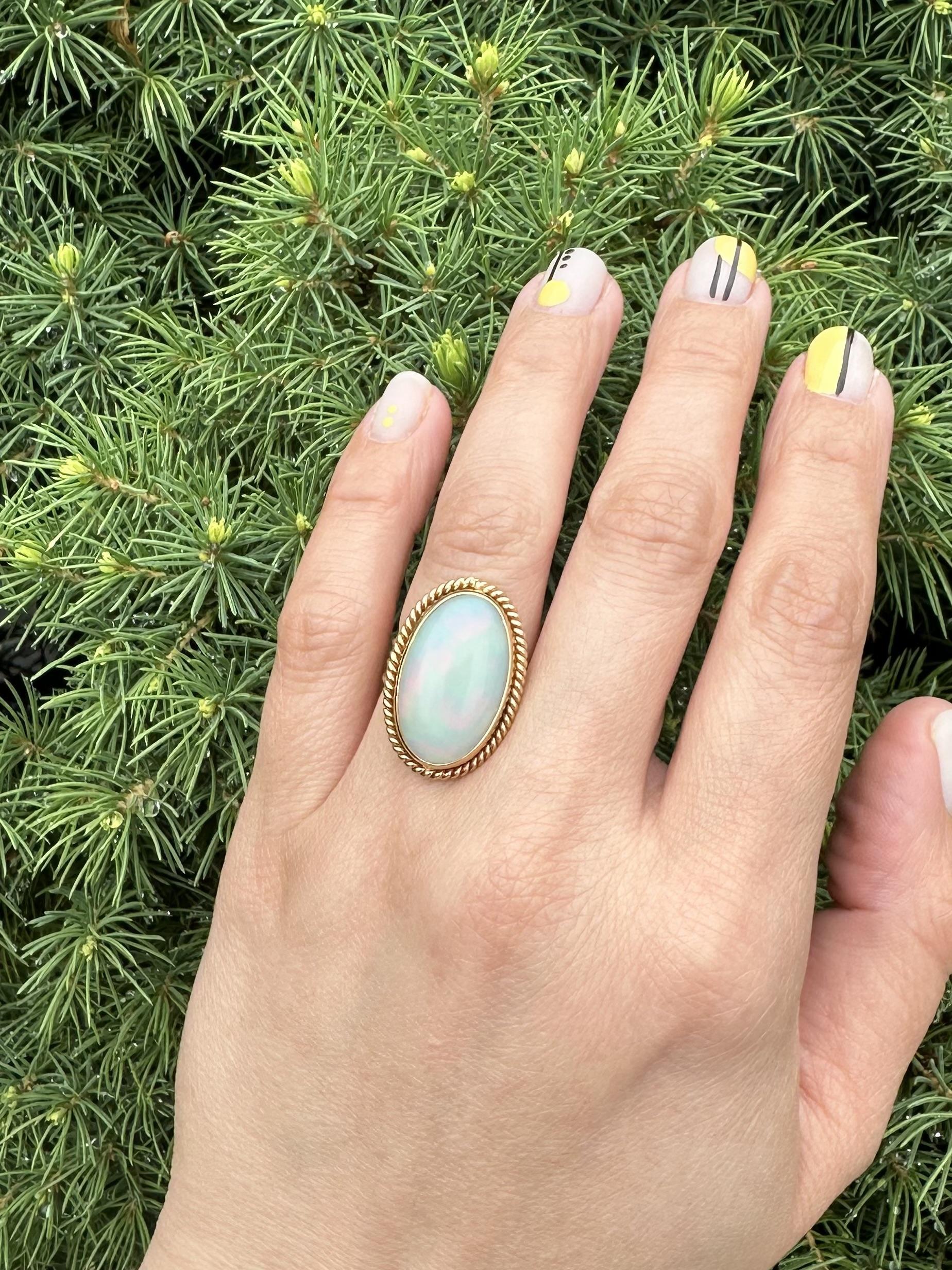 Vintage Handmade Yellow Gold Large White Opal Twisted Wire Bezel Set Ring For Sale 4