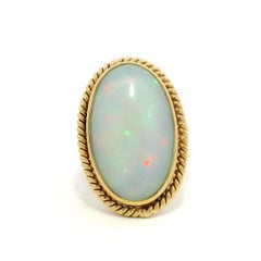Vintage Handmade Yellow Gold Large White Opal Twisted Wire Bezel Set Ring