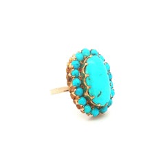Vintage Handmade Yellow Gold Oval Natural Turquoise Halo Cocktail Ring